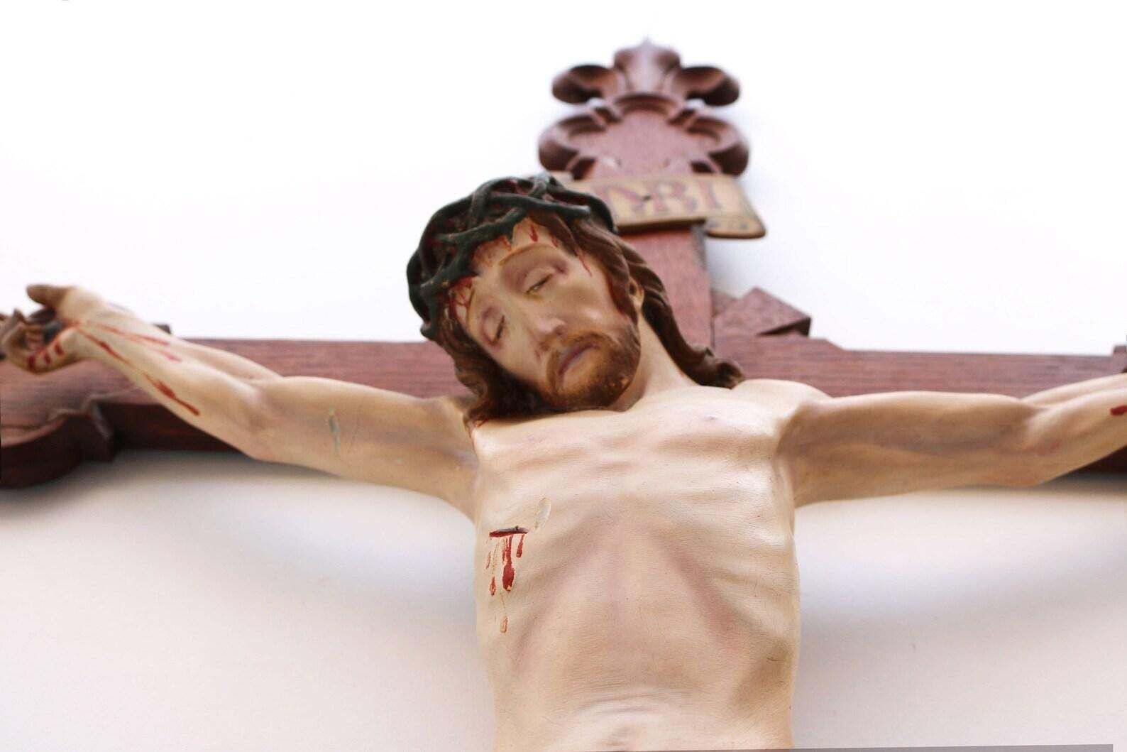 Groot Frans Antiek Christus Crucifix, 19e Eeuw, Fleur De Lis, Corpus Beschilderd photo buy