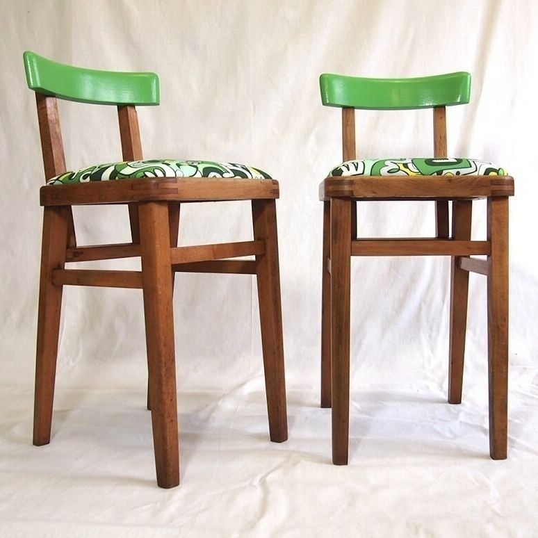 Children’s Stool. 1950’s Classic Square Stool With A Drop In Seat And Back Rest. Modern Green Funky Upholstery. photo vinterior
