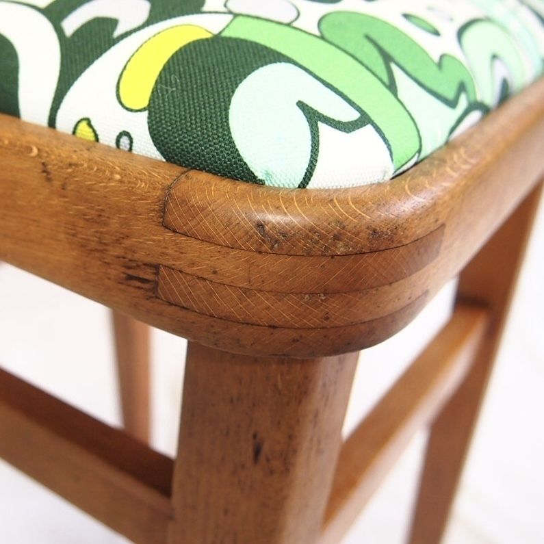 Children’s Stool. 1950’s Classic Square Stool With A Drop In Seat And Back Rest. Modern Green Funky Upholstery. photo buy