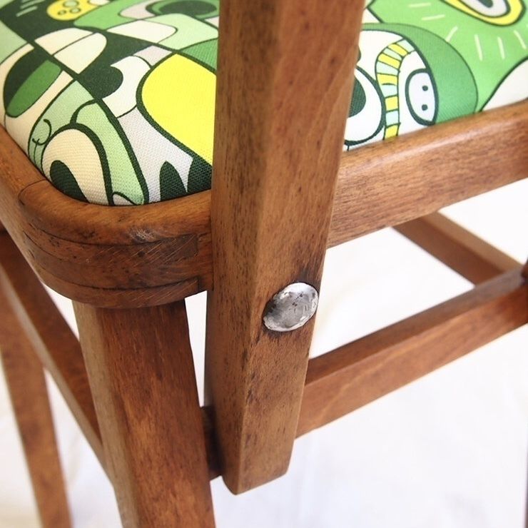 Furniture Children’s Stool. 1950’s Classic Square Stool With A Drop In Seat And Back Rest. Modern Green Funky Upholstery. photo