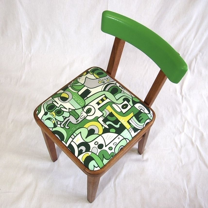 photo buy Children’s Stool. 1950’s Classic Square Stool With A Drop In Seat And Back Rest. Modern Green Funky Upholstery.