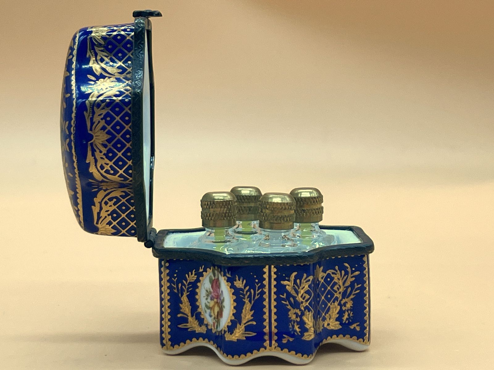 Limoges Porcelain Cobalt & Gold Trinket Box With 4 Internal Glass Perfume Bottles. photo buy