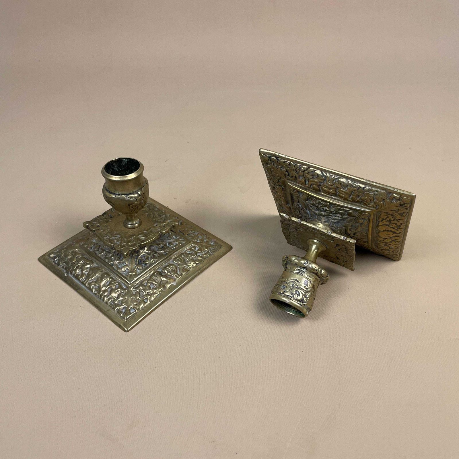 Antique Brass Candlestick Holders Gold Metal Matching Pair Victorian Style Ornate Square Base Vintage Dining Table Mantle Piece Decoration photo vintage