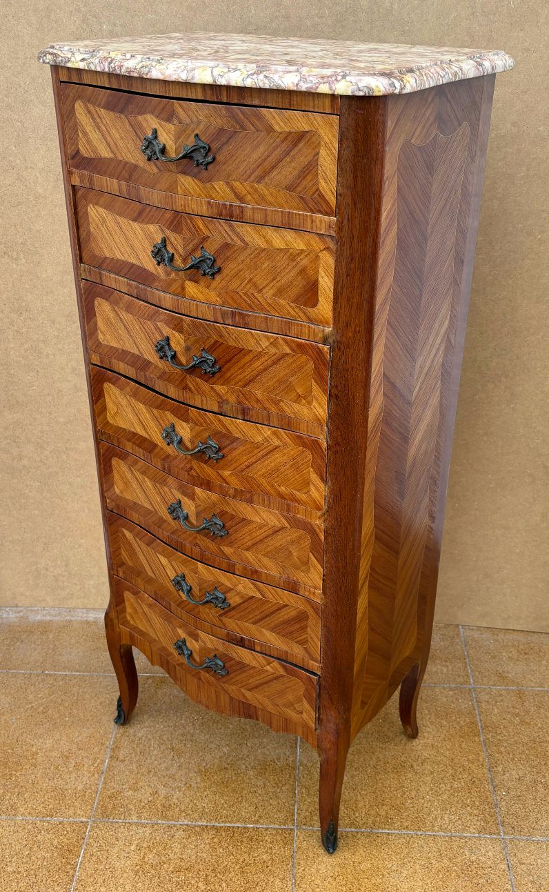 French Marquetry And Marble Top Tall Chest Of Seven Drawers photo buy