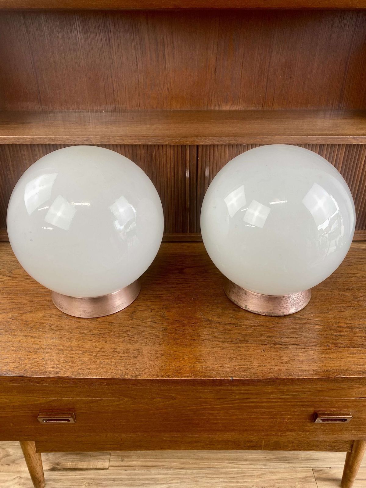‘Falks” Pair Of Globe Opaline Pendant Lights