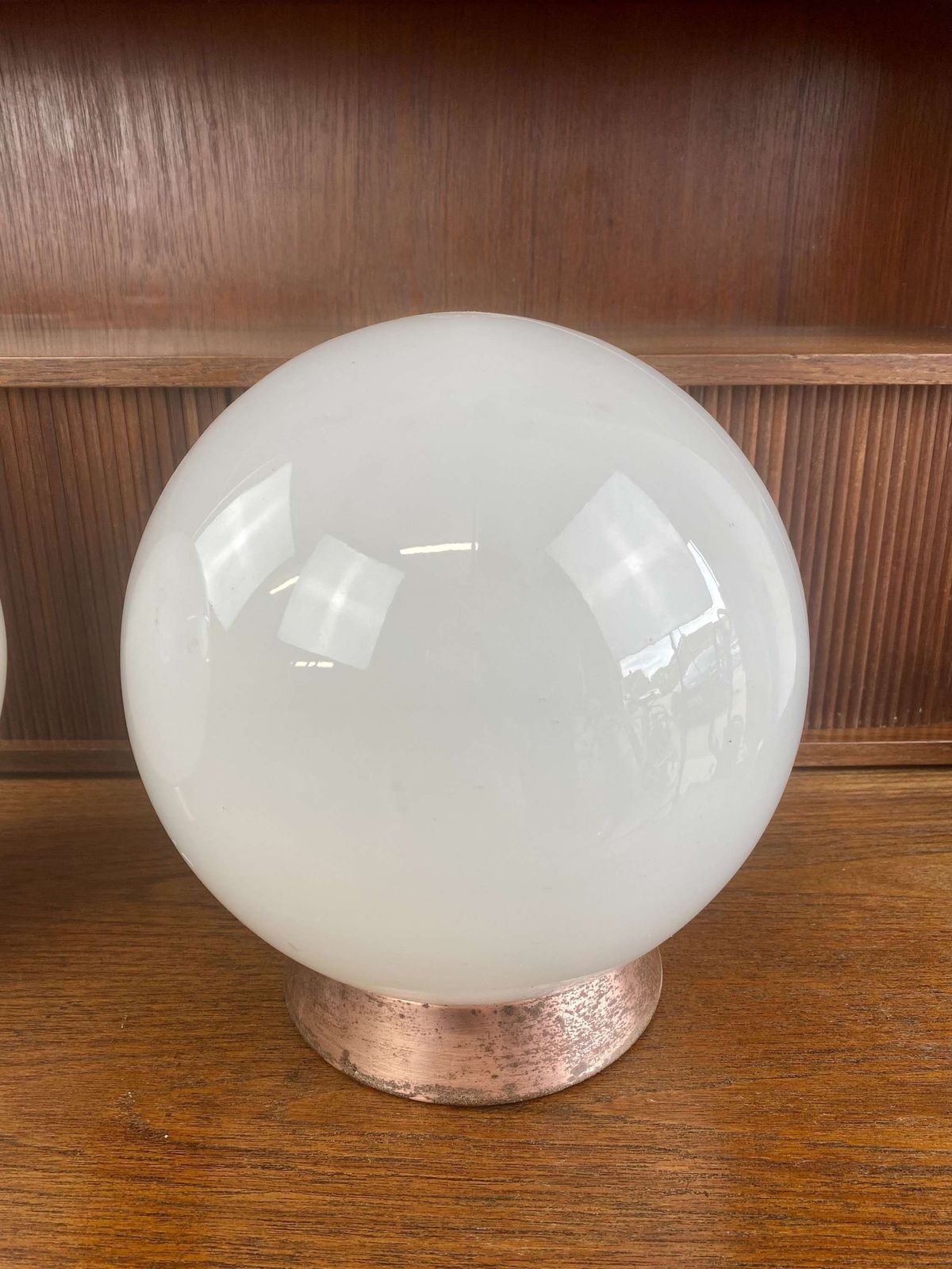‘Falks” Pair Of Globe Opaline Pendant Lights photo for sale
