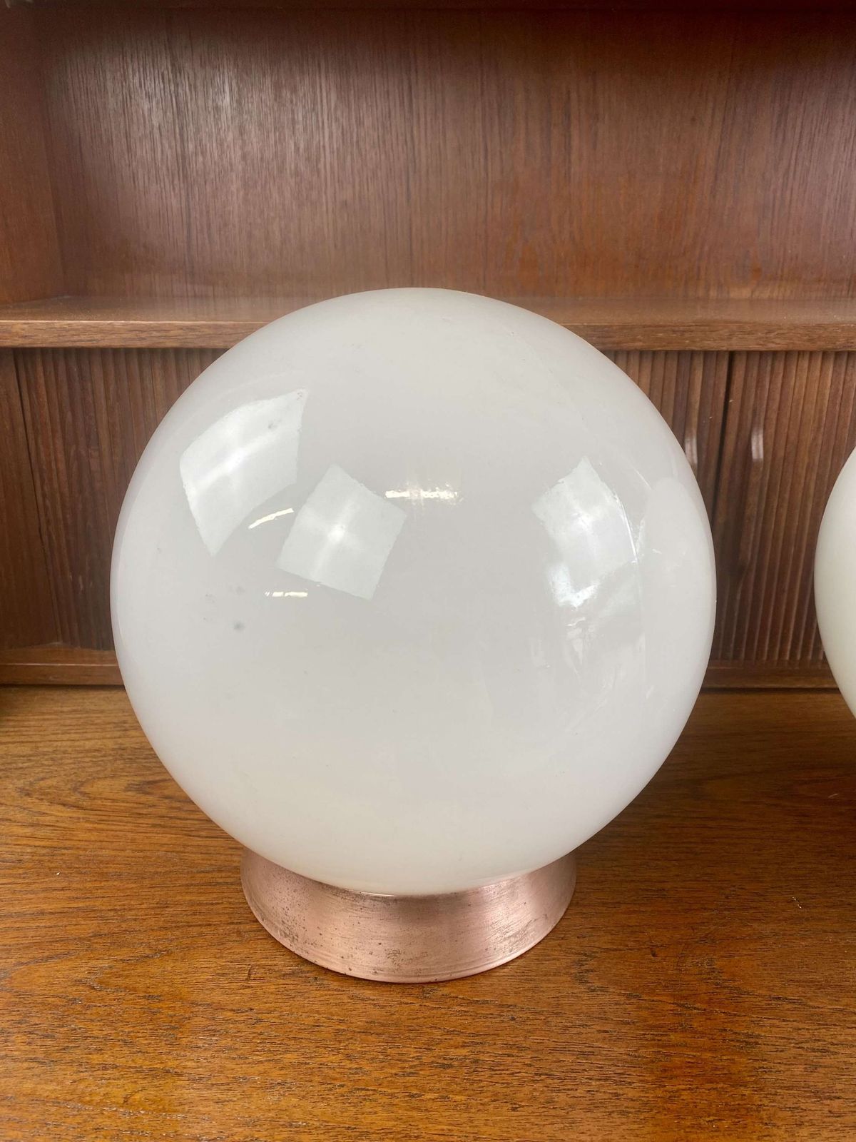 ‘Falks” Pair Of Globe Opaline Pendant Lights photo Lighting