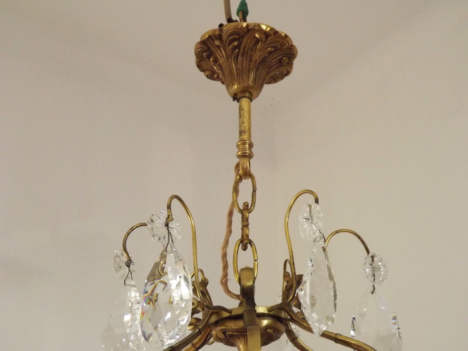 Large French Art Nouveau Acanthus 6 Light Bronze & Crystal Cage Chandelier photo vinterior