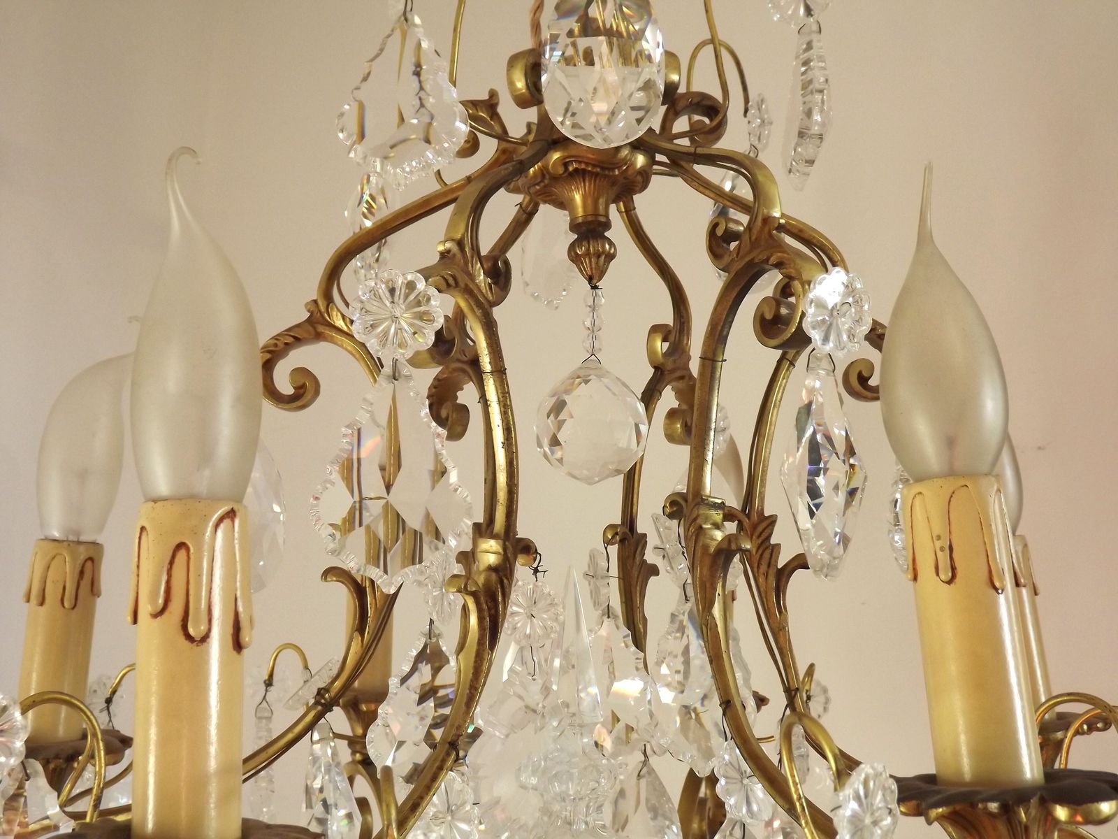 Large French Art Nouveau Acanthus 6 Light Bronze & Crystal Cage Chandelier photo vintage