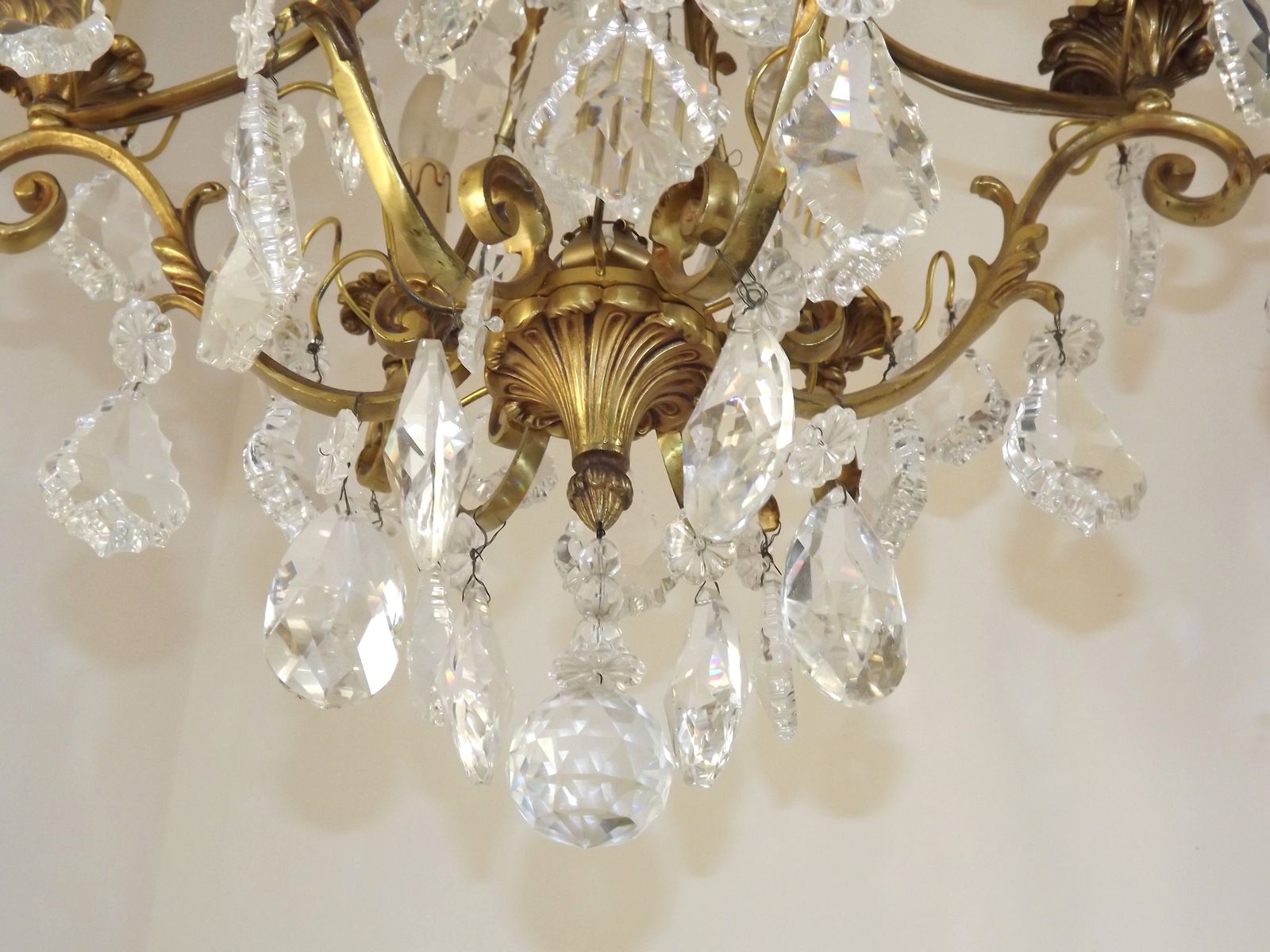 photo furniture Large French Art Nouveau Acanthus 6 Light Bronze & Crystal Cage Chandelier