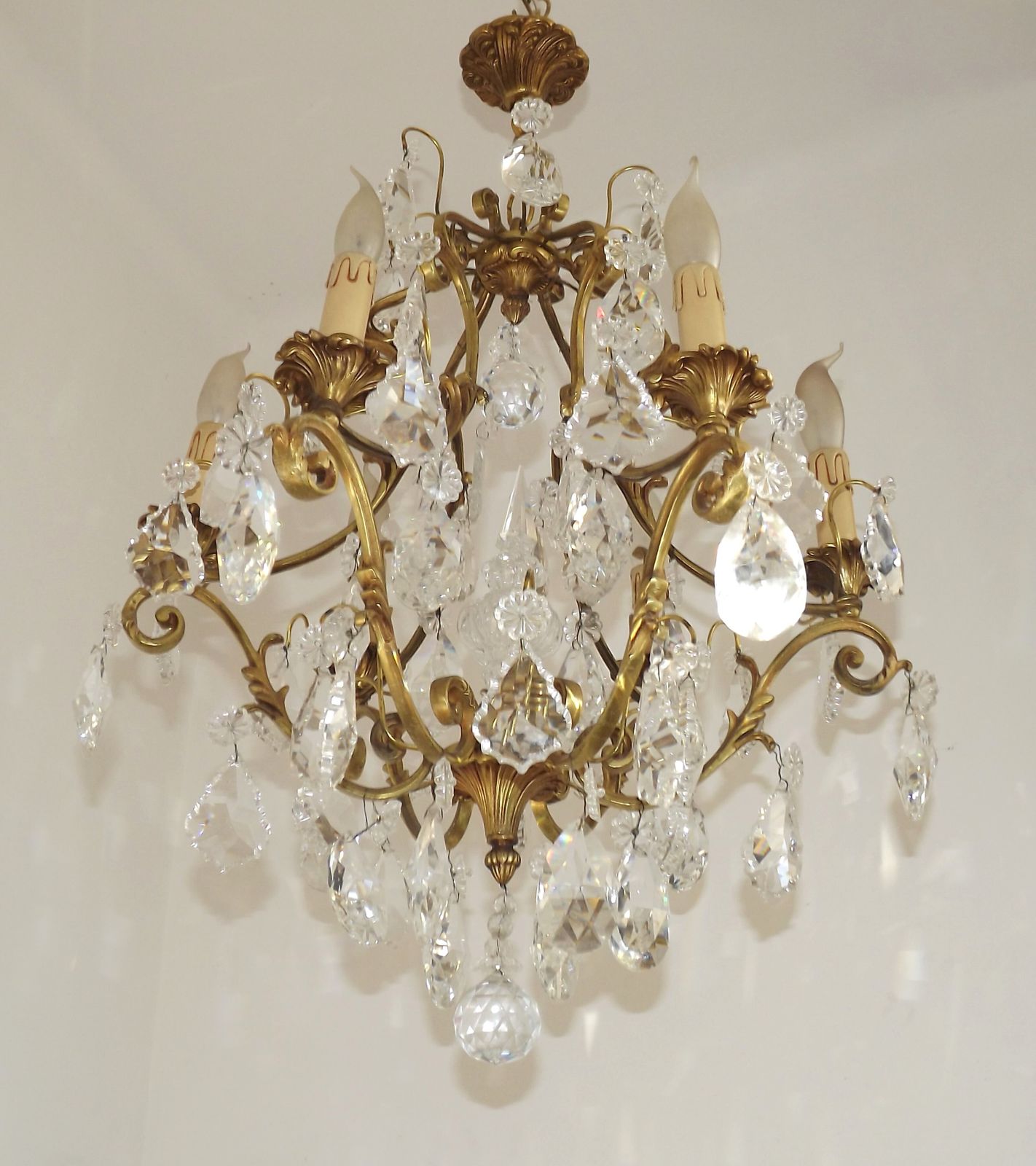 Large French Art Nouveau Acanthus 6 Light Bronze & Crystal Cage Chandelier photo furniture
