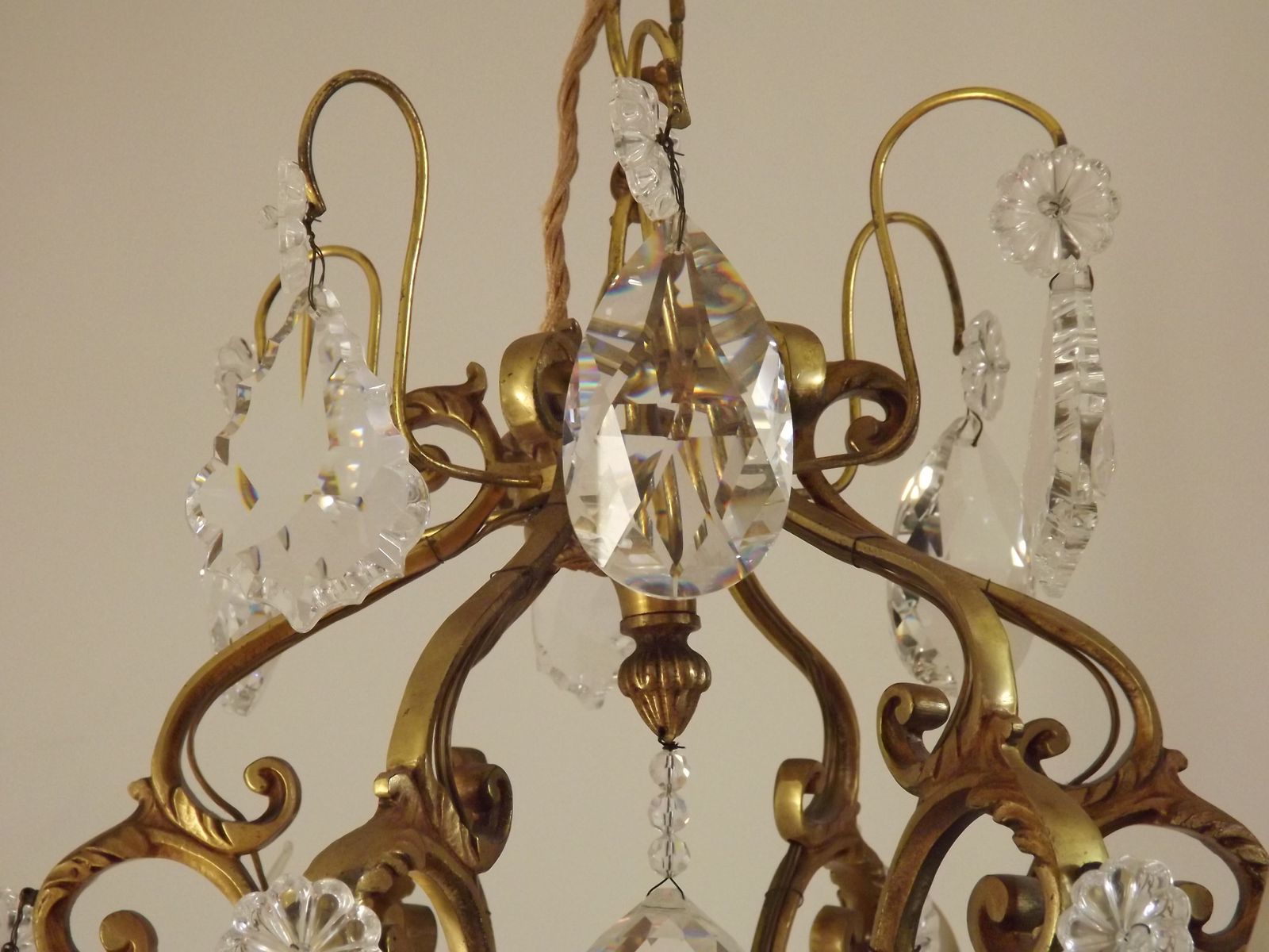 photo for sale Large French Art Nouveau Acanthus 6 Light Bronze & Crystal Cage Chandelier