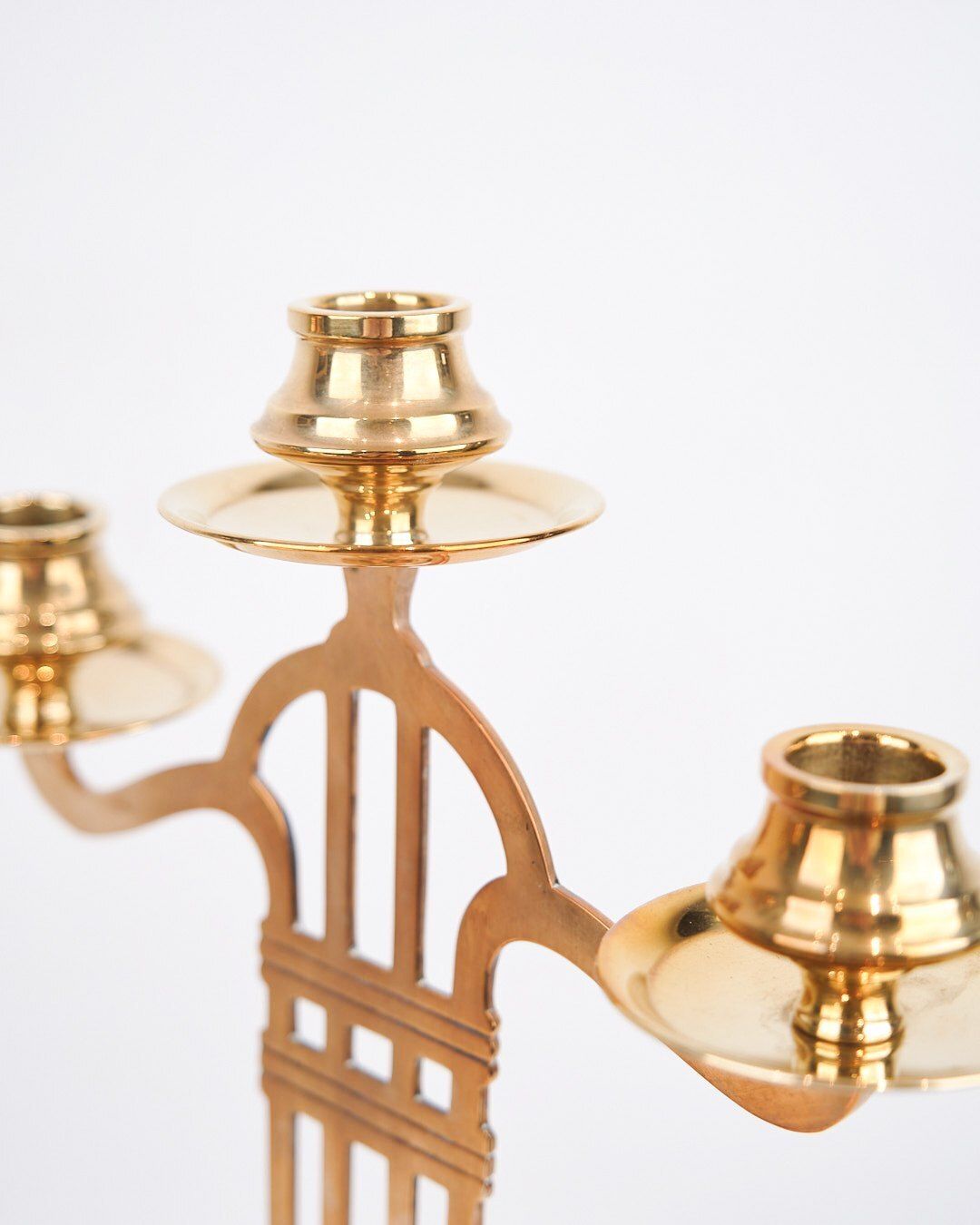 Set Of Two Tall Three Armed Candlesticks   Brass   Art Nouveau Style   1920s photo for sale