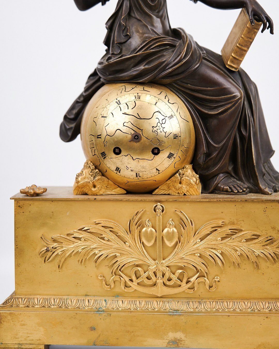 French Mantel Clock   Bronze   Decorated With Female Figure With Radiant Crown And Book   Paris   Year 1820s photo for sale