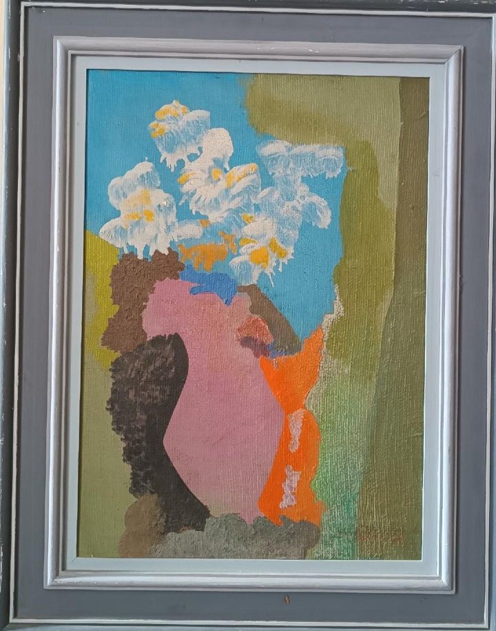Still Life Painting Vase With Flowers  F Dated 1972 Signed  Oil On Board photo for sale