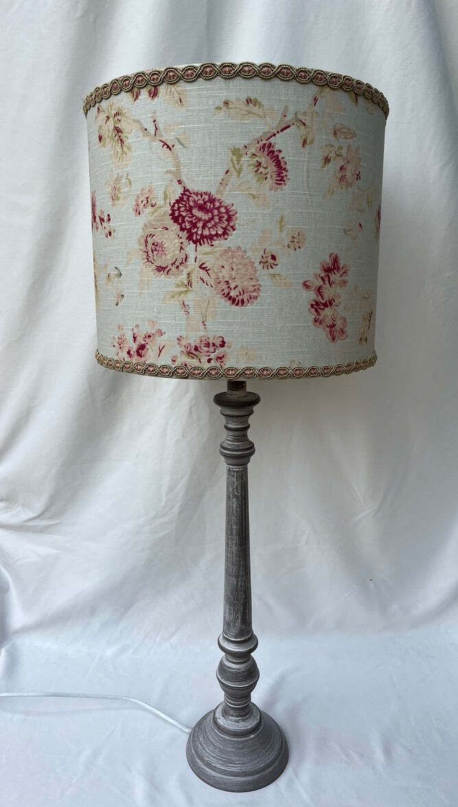 Vintage Linen Lampshade With Vintage French Paper Interior & Tall Wooden Base