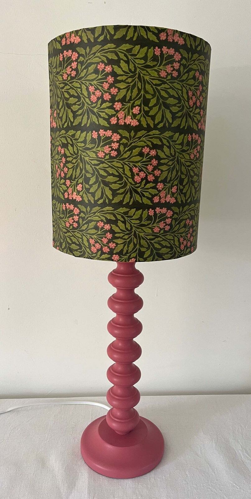 William Morris Inspired Lampshade With A Pink Bobble Base