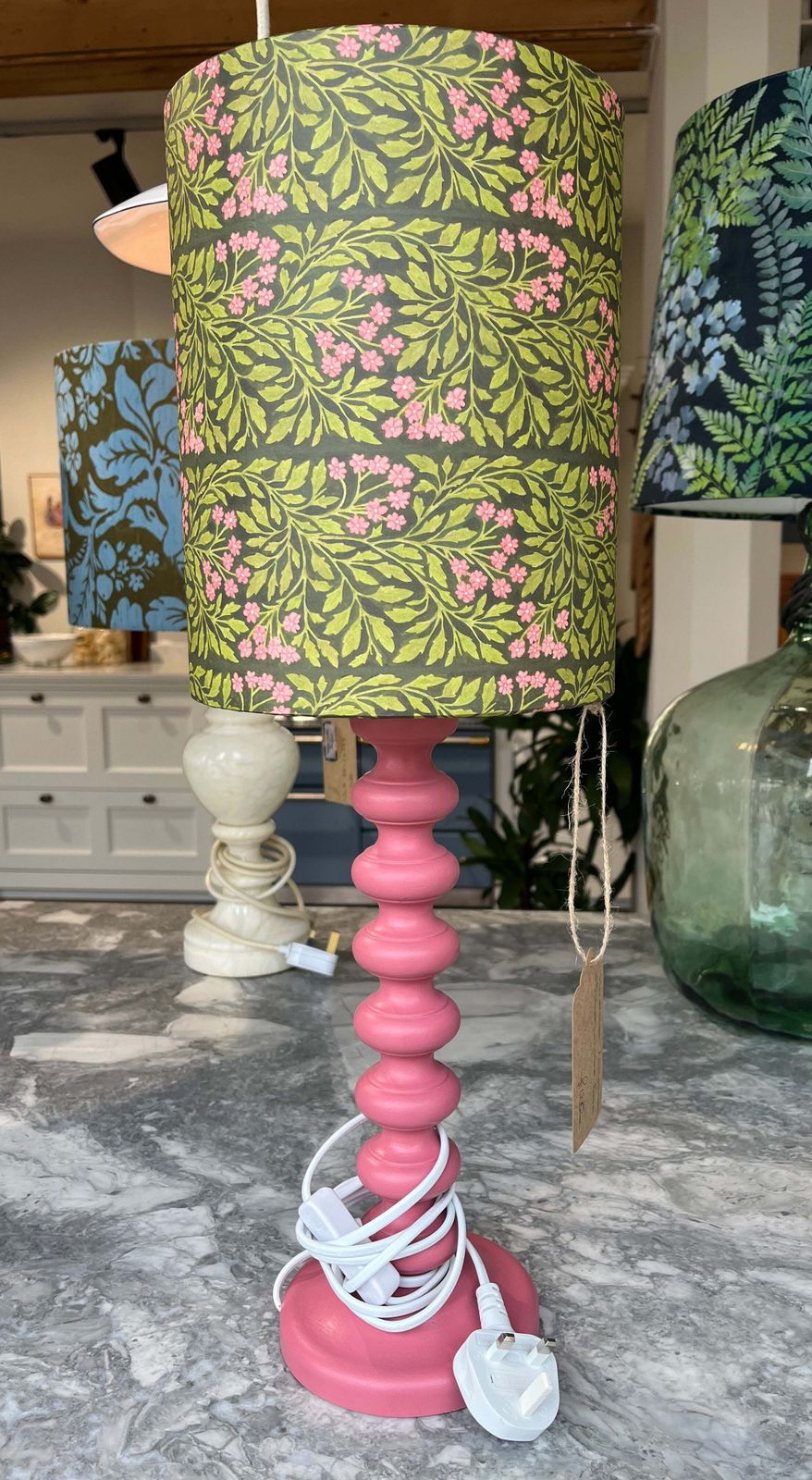 William Morris Inspired Lampshade With A Pink Bobble Base photo for sale