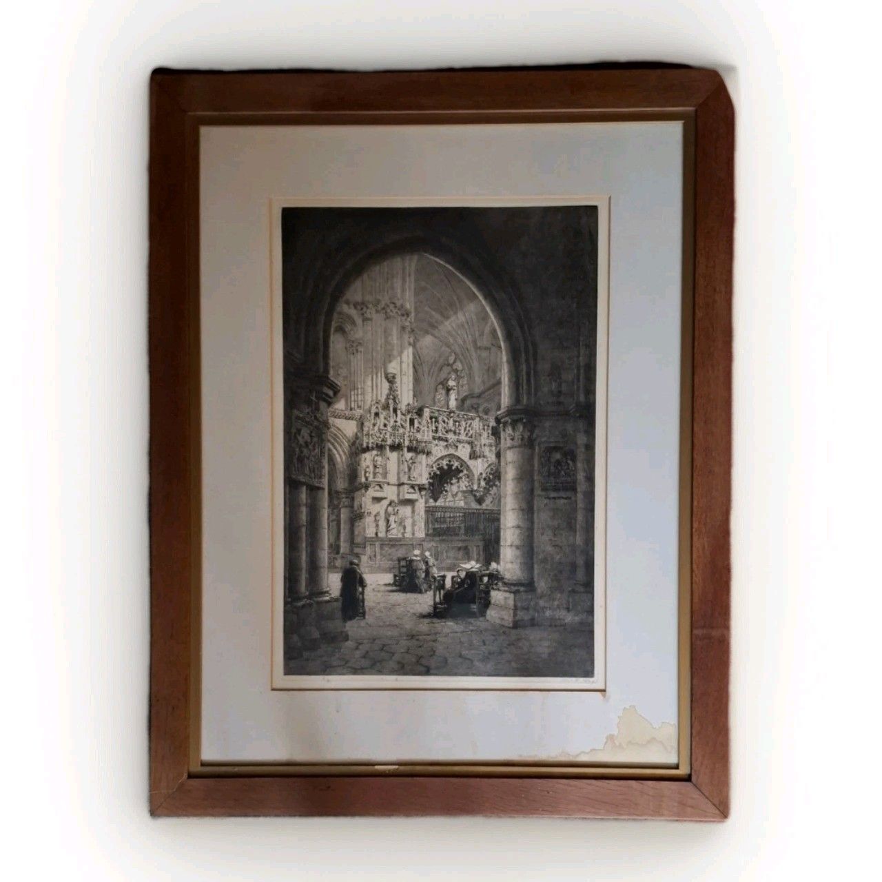 Antique Large  Axel Haig Etching Church Eglise Sainte Madeleine Troyes France