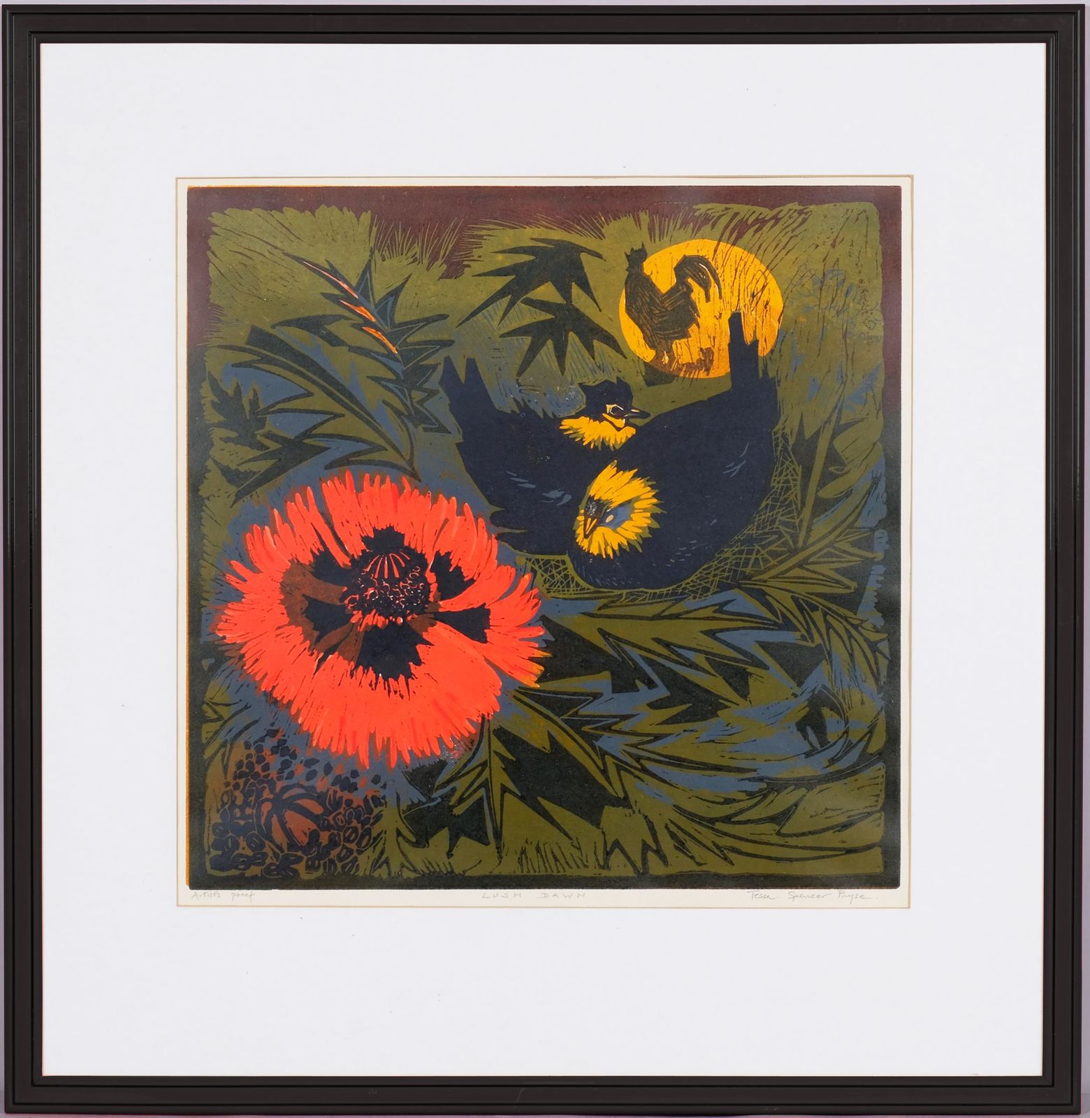Large Vintage Linocut "Lush Dawn" By Tessa Spencer Pryse Rba photo furniture
