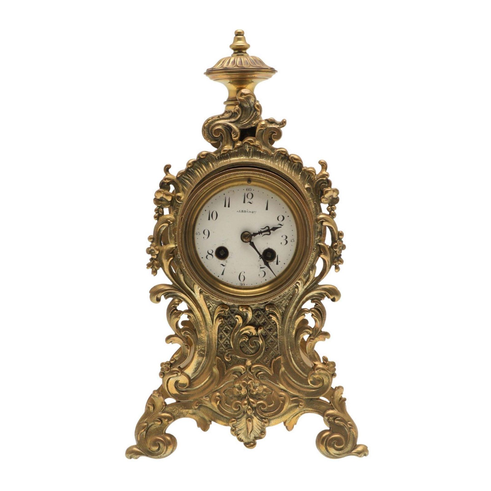 photo furniture Rococo Brass Mantel Clock Antique French Late 19th C, Enamel Dial Signed Bardino