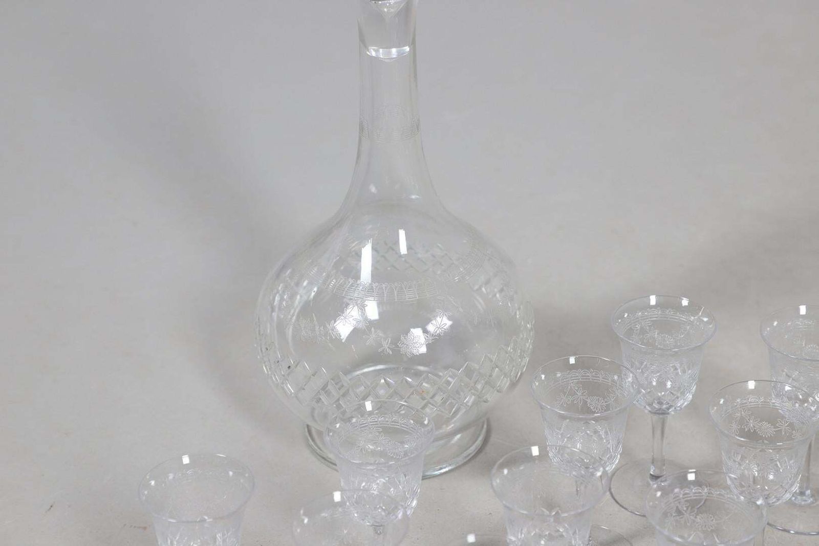 Crystal Decanters Stemware, Antique Cut Glass Table Suite Etched Faceted Design photo 1687.0
