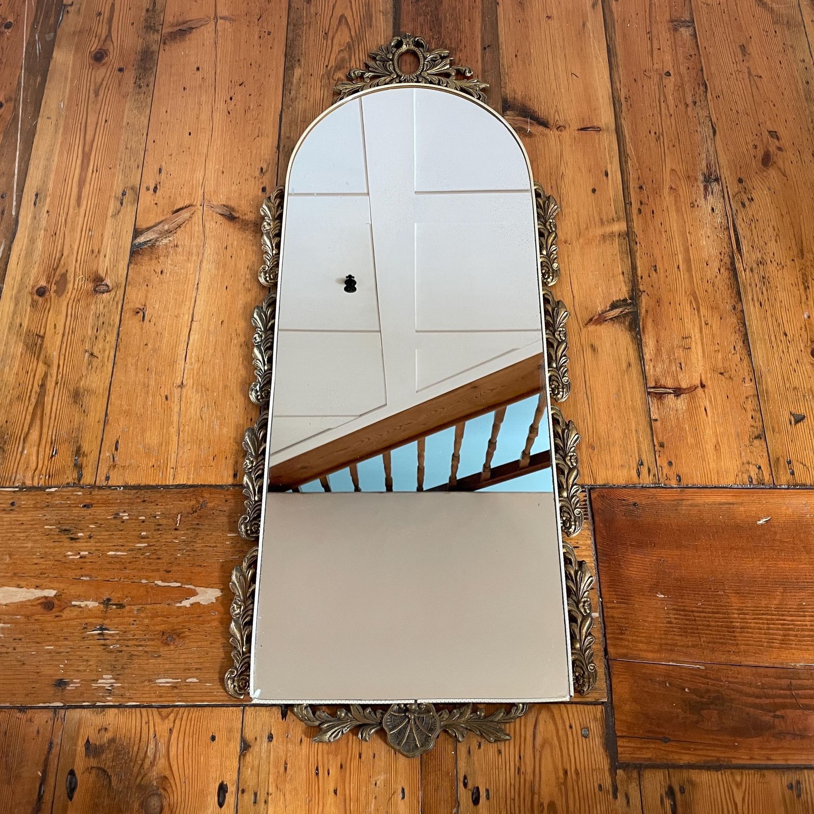 Vintage Brass Rococo Wall Mirror Ornate Metal Frame Arched Top C.1950s French Hollywood Regency Style Mirror Decorative Antique Gold Decor photo furniture