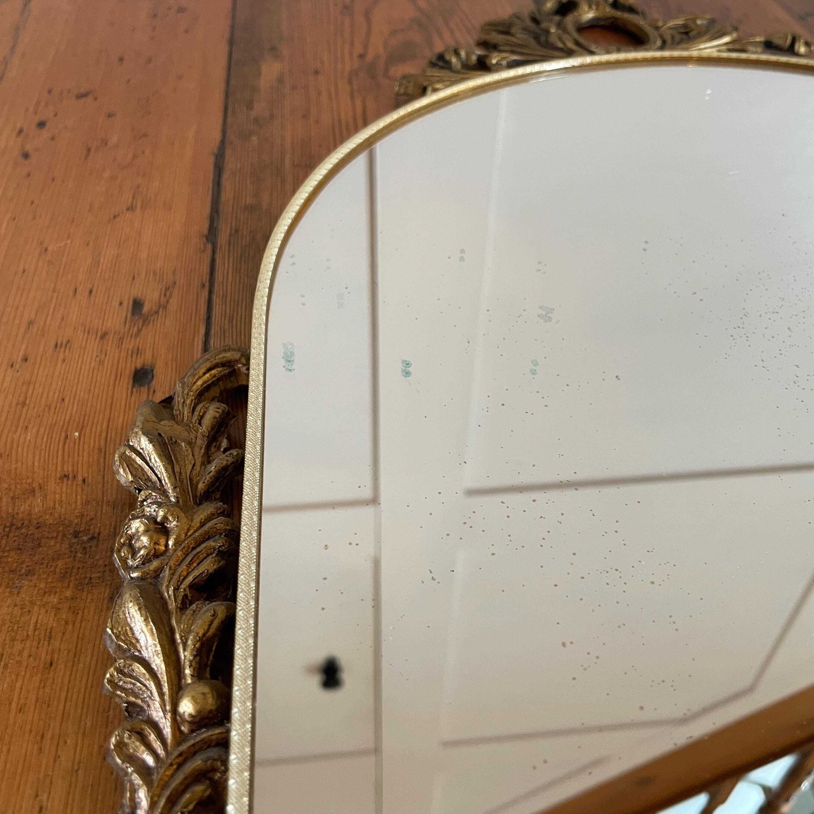 photo for sale Vintage Brass Rococo Wall Mirror Ornate Metal Frame Arched Top C.1950s French Hollywood Regency Style Mirror Decorative Antique Gold Decor