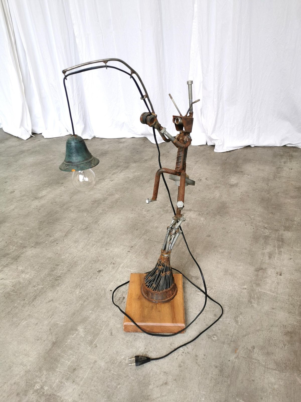 Vintage Handmade Sculptural Metal Lamp / Industrial Art Light / Recycled Materials / 1970s
