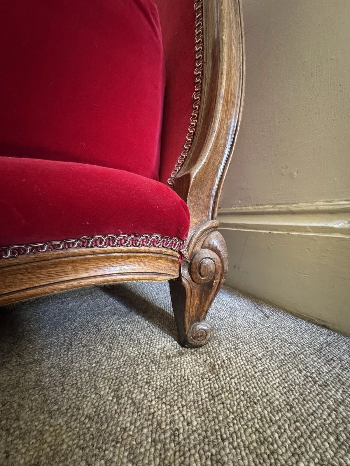 Antique French Carved Wood Day Bed, Upholstered In Red Velvet photo for sale