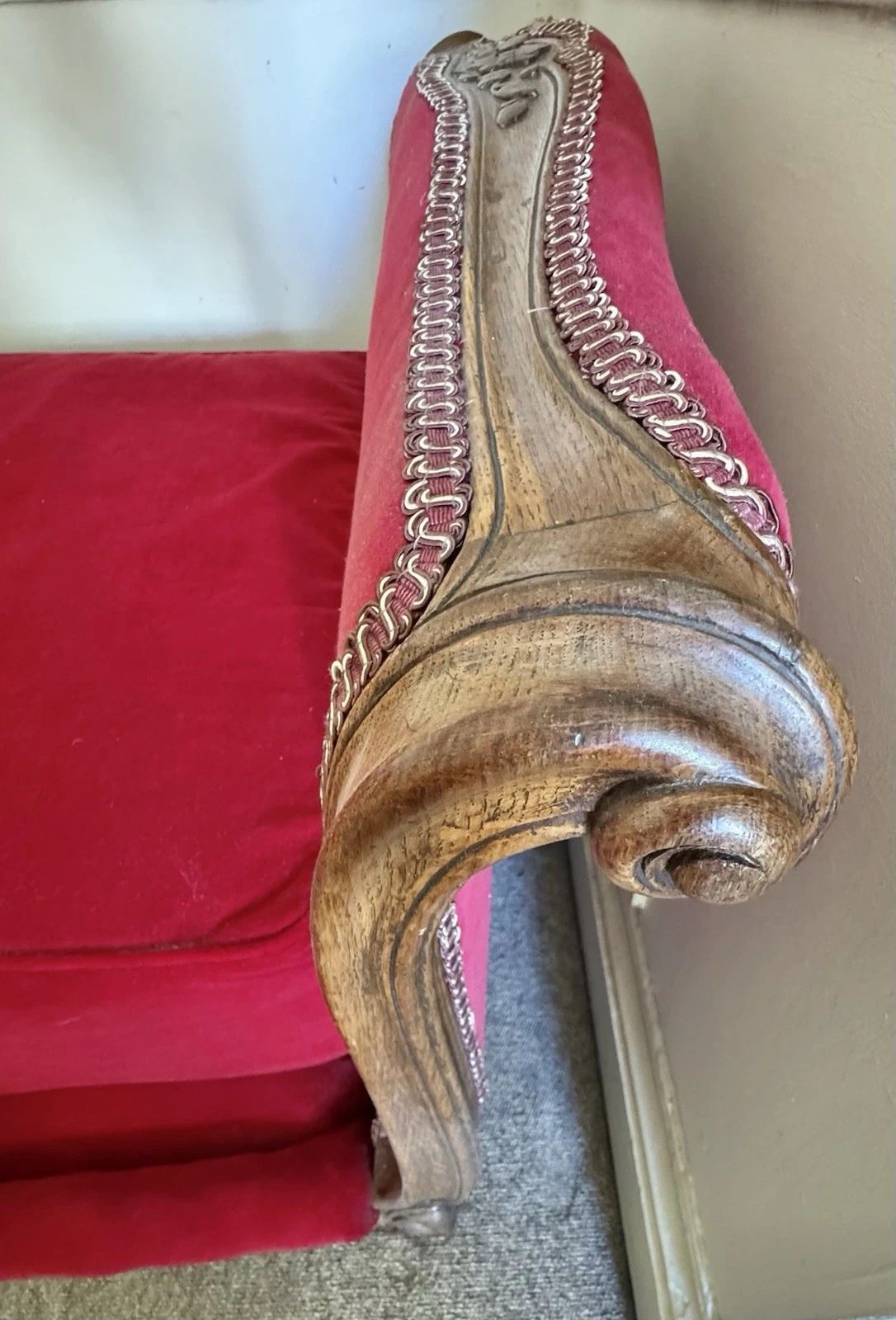 Antique French Carved Wood Day Bed, Upholstered In Red Velvet photo buy