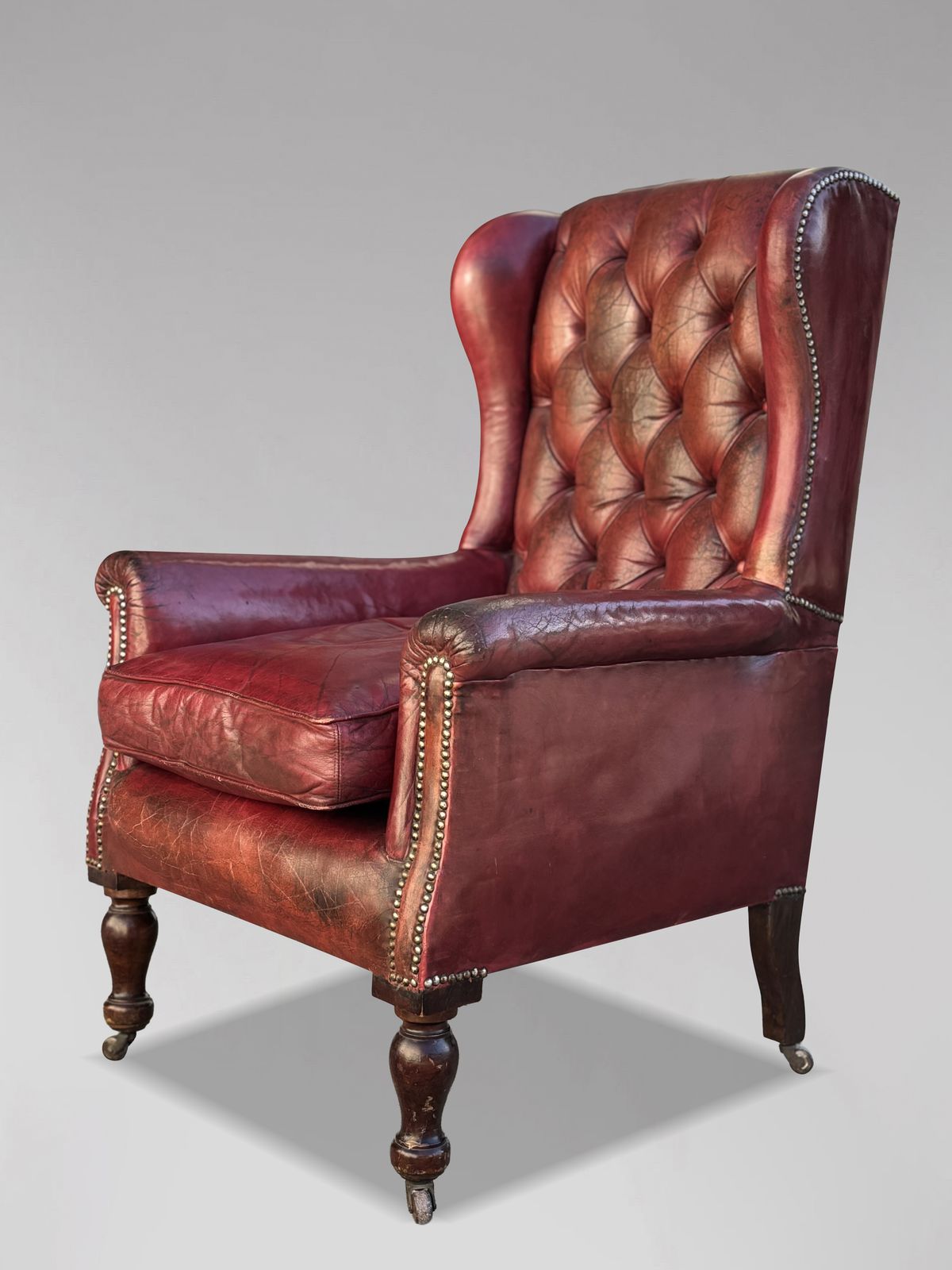 Untouched 19th Century Victorian Period Red Leather Wing Armchair photo Furniture