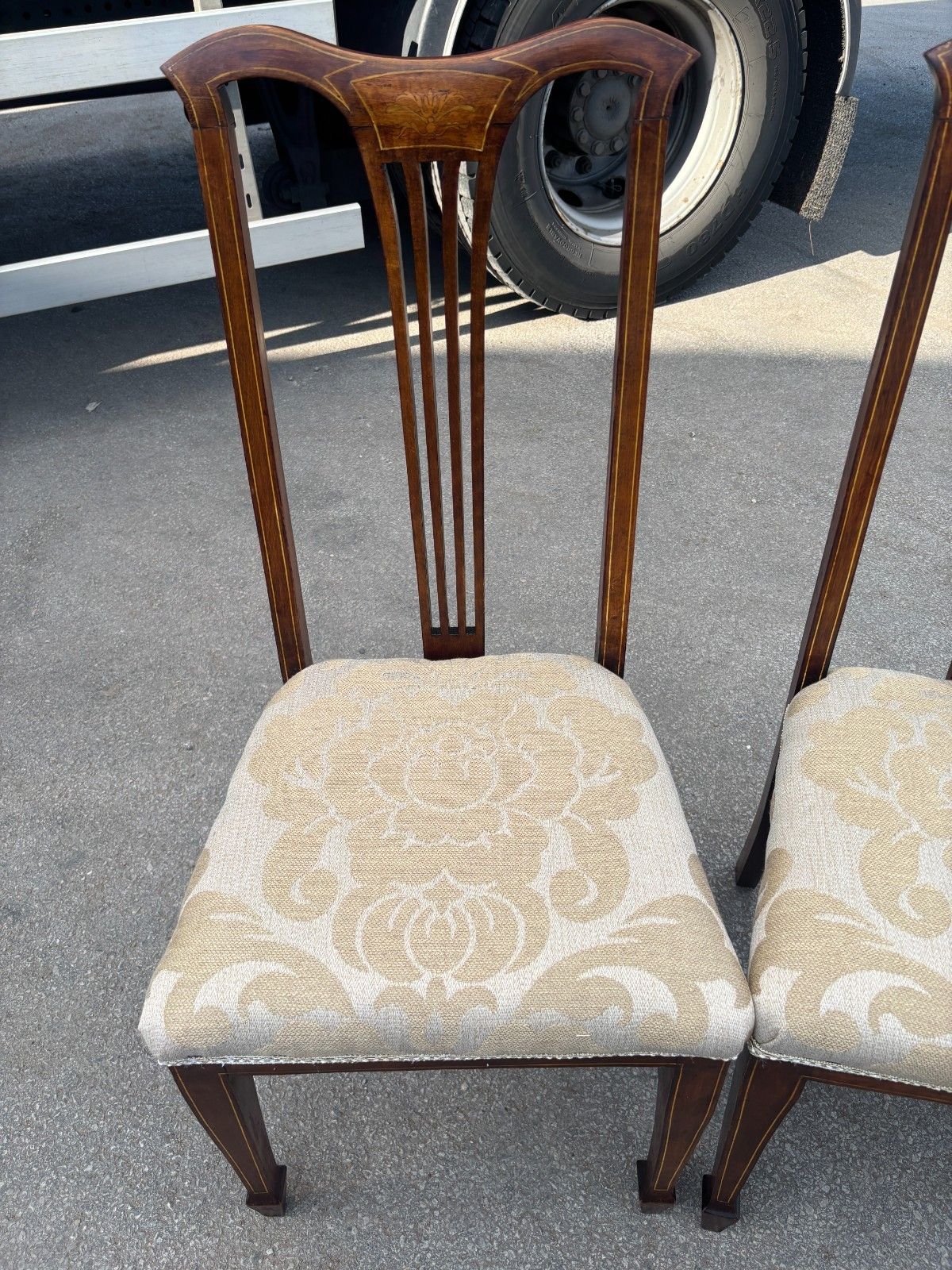 Four Antique Edwardian Mahogany Dining Chairs With Inlay & Upholstered Cushion photo furniture
