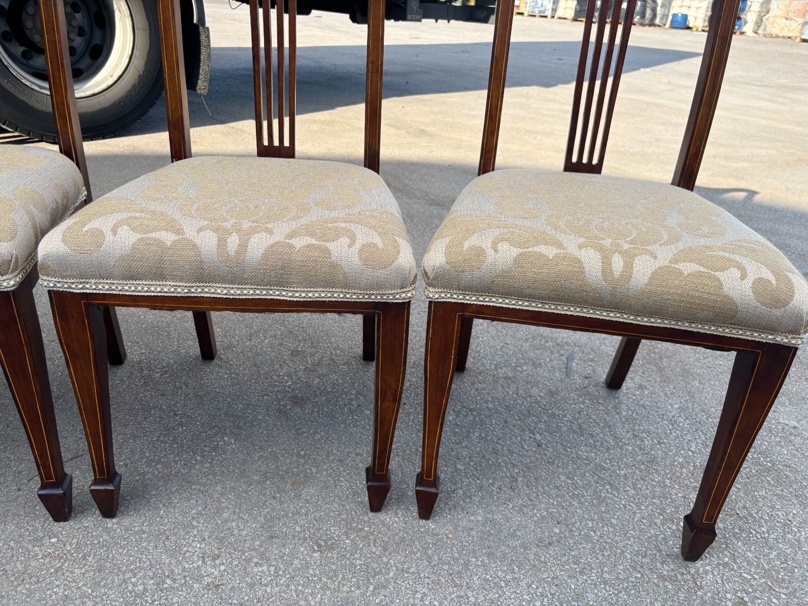 photo buy Four Antique Edwardian Mahogany Dining Chairs With Inlay & Upholstered Cushion