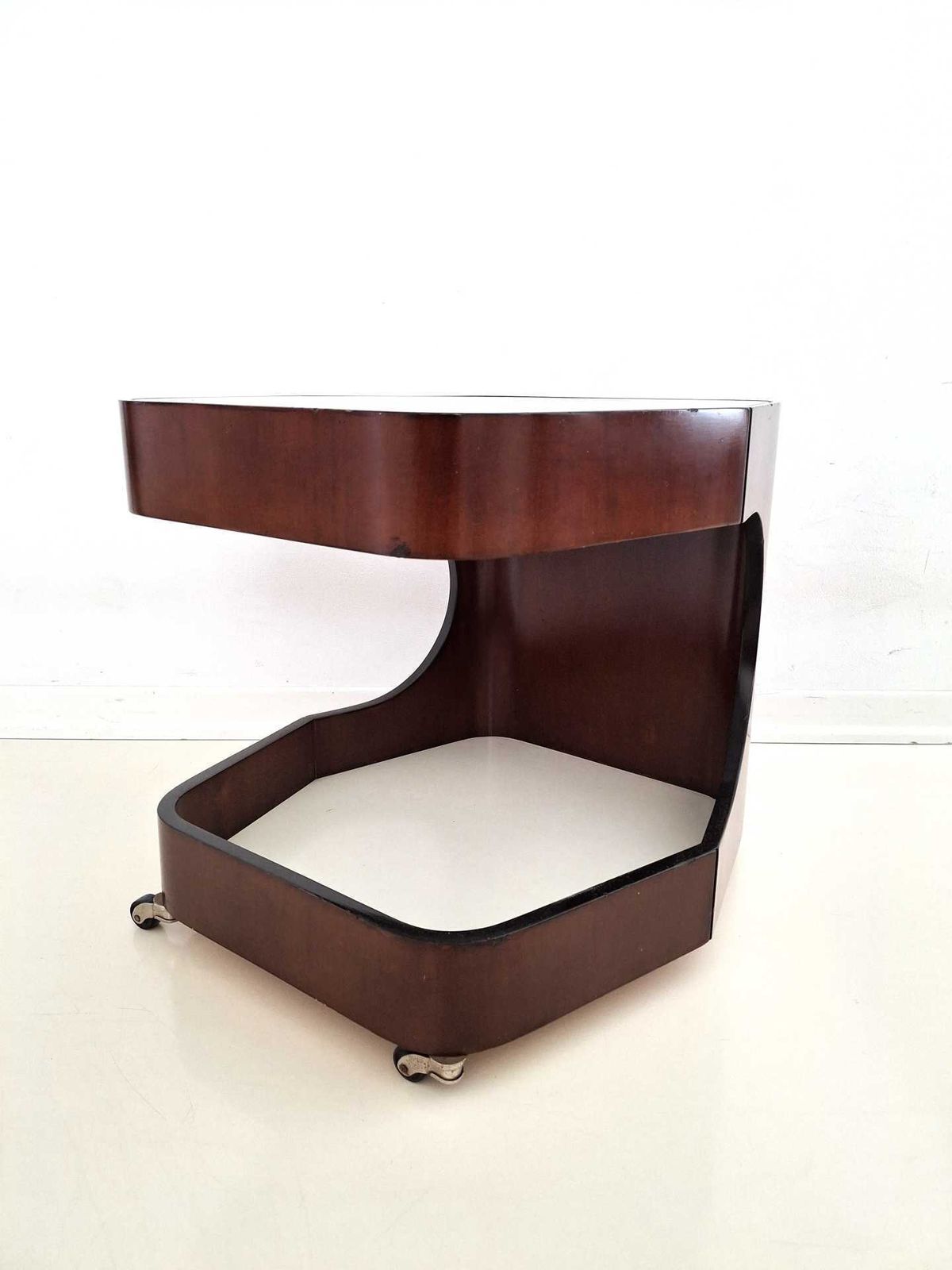 Vintage Italian Coffee Table On Casters – 1970s Design – Smoked Glass & Curved Plywood