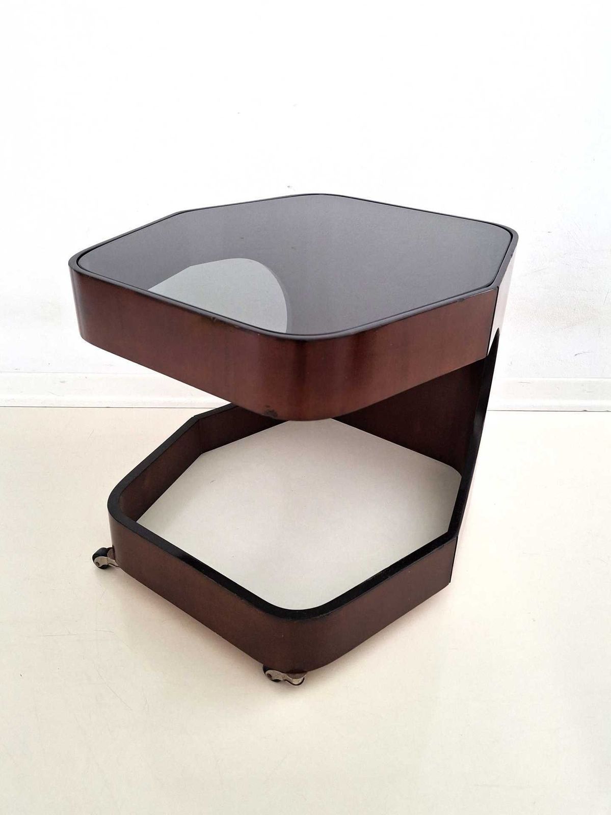 Vintage Italian Coffee Table On Casters – 1970s Design – Smoked Glass & Curved Plywood photo furniture