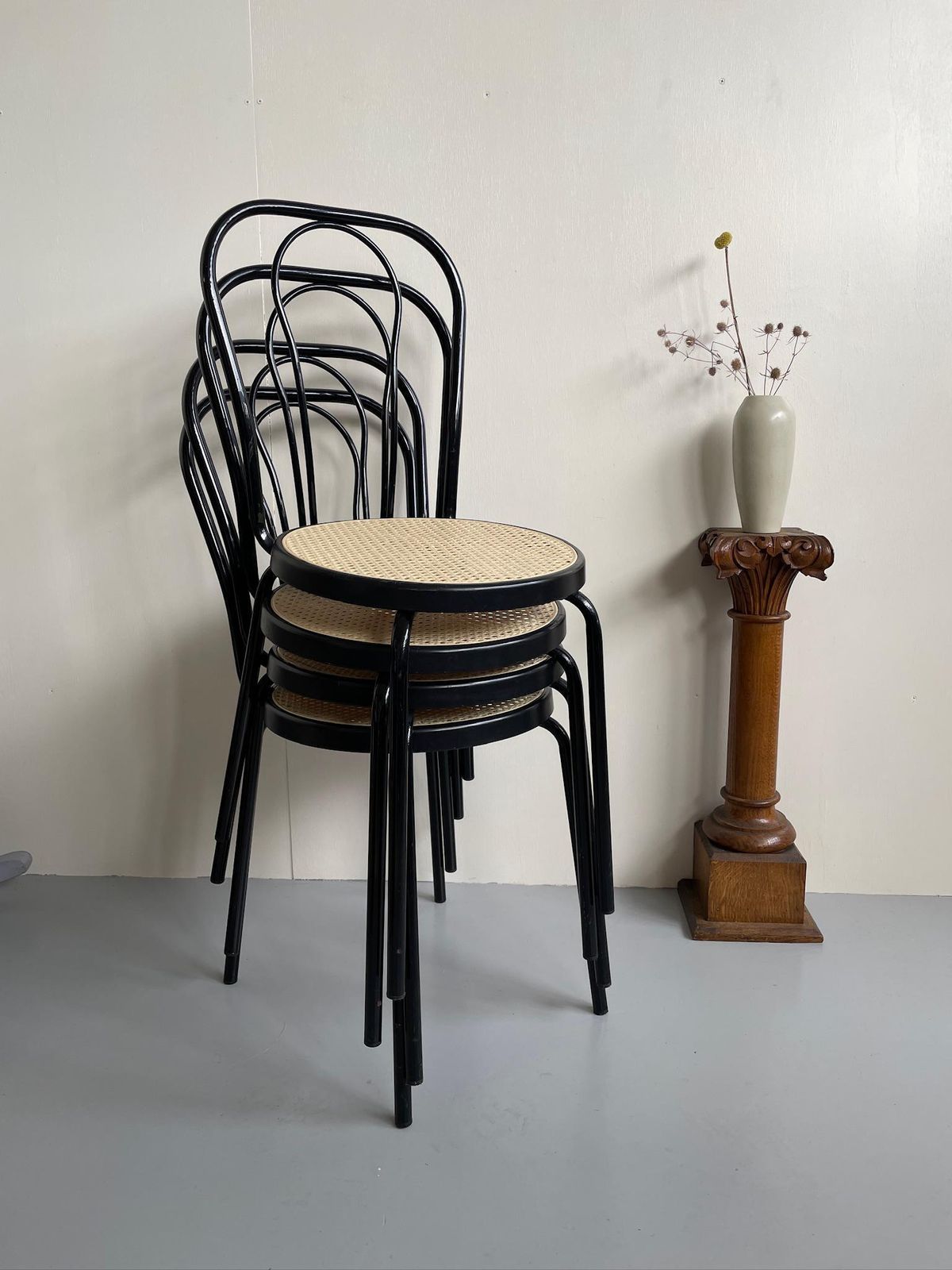 Set Of 3 1980s Black Metal Thonet Designed Dining Cafe Bistro Chairs Plastic Cane photo furniture