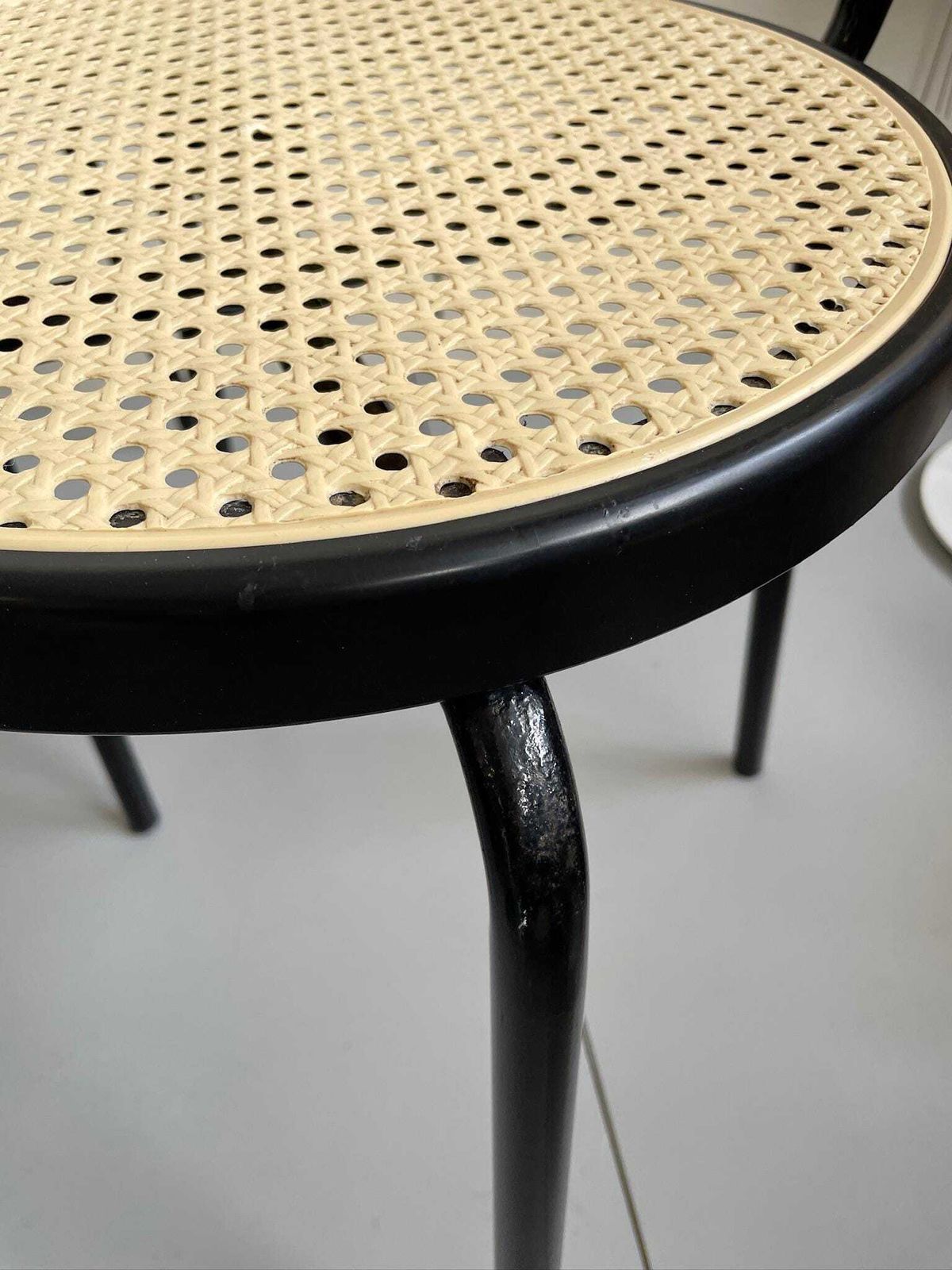 Set Of 3 1980s Black Metal Thonet Designed Dining Cafe Bistro Chairs Plastic Cane photo for sale