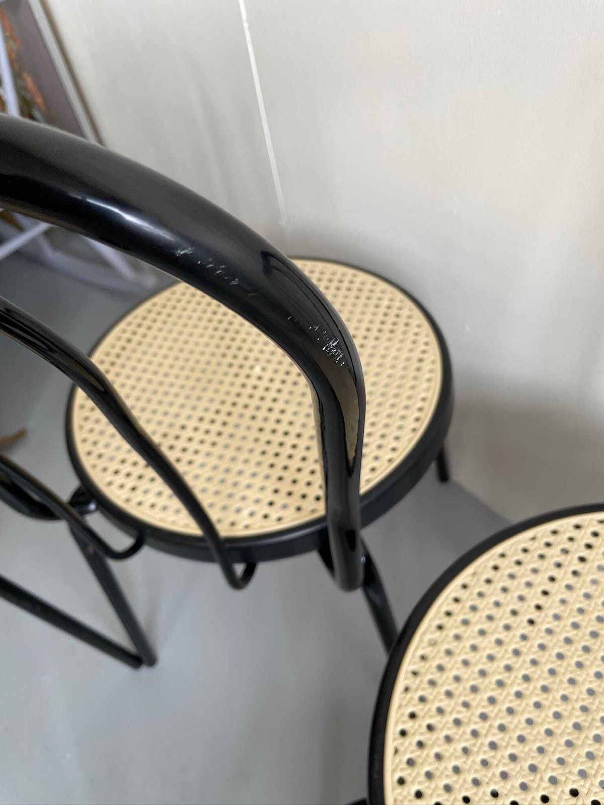 Set Of 3 1980s Black Metal Thonet Designed Dining Cafe Bistro Chairs Plastic Cane photo vinterior