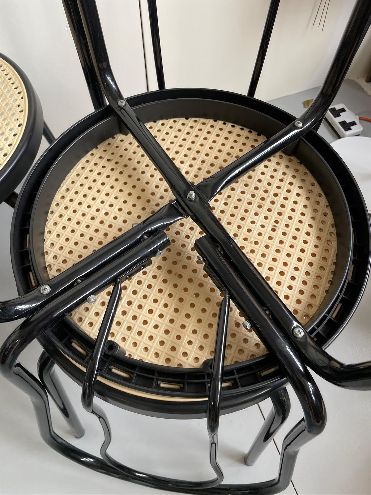 Set Of 3 1980s Black Metal Thonet Designed Dining Cafe Bistro Chairs Plastic Cane photo vintage
