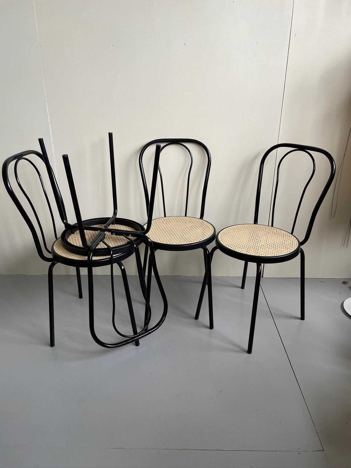photo furniture Set Of 3 1980s Black Metal Thonet Designed Dining Cafe Bistro Chairs Plastic Cane