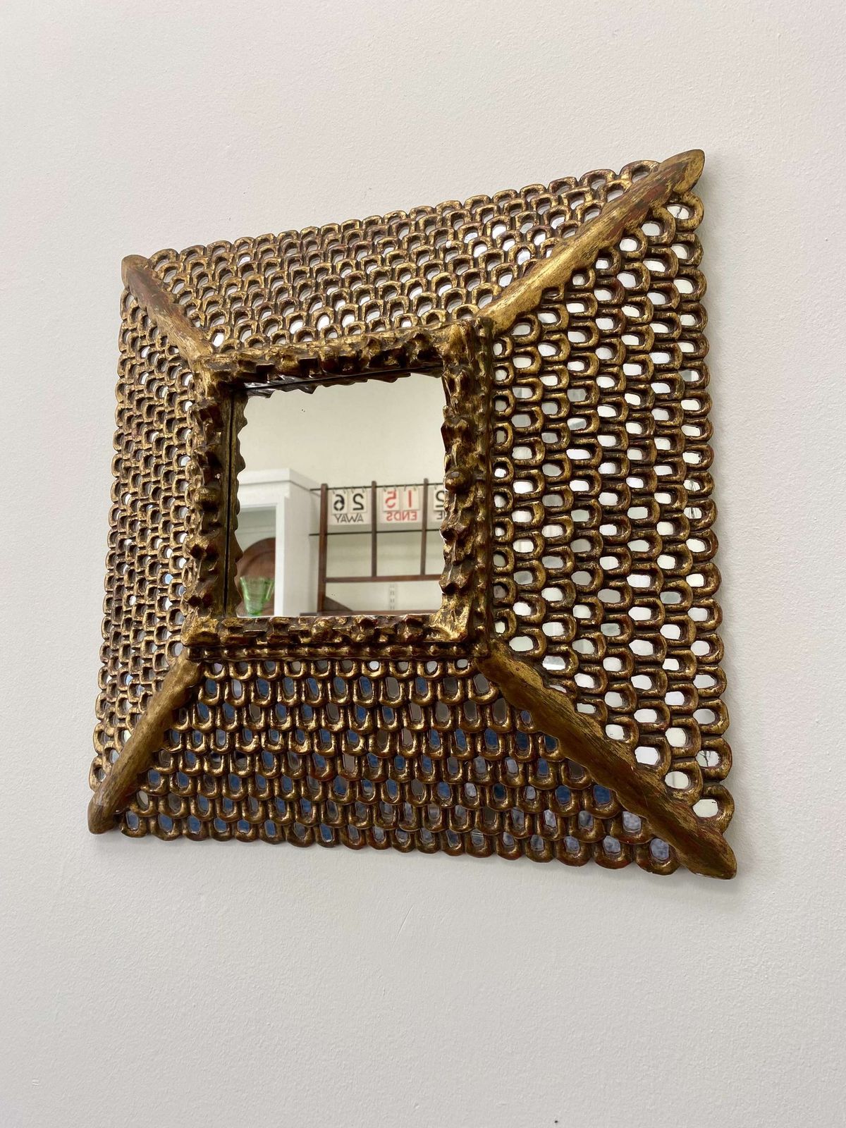 Spanish Colonial Gilt Carved Wood Mirror With Mosaic Mirror Inlays photo for sale