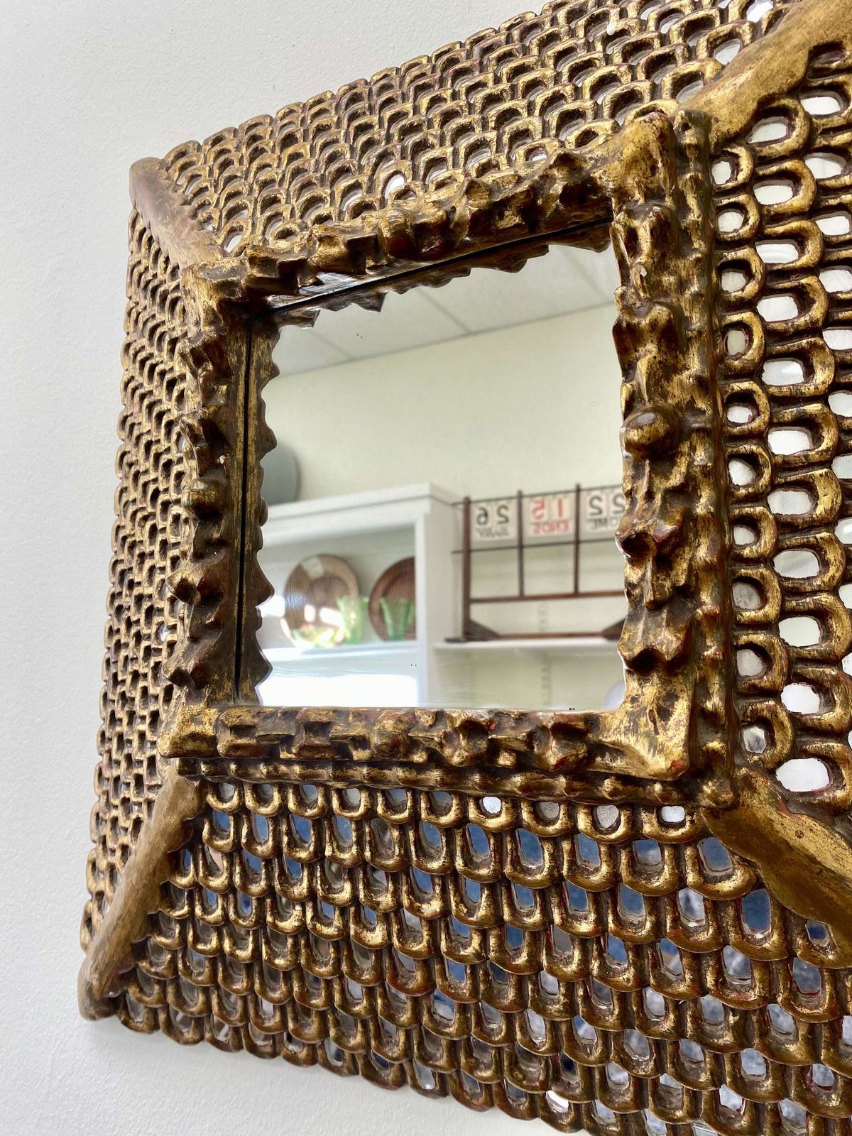 Spanish Colonial Gilt Carved Wood Mirror With Mosaic Mirror Inlays photo vinterior