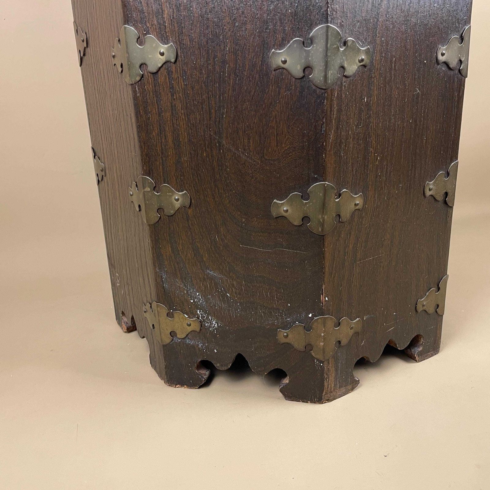 photo for sale Antique Korean Octagonal Wood Cabinet Chest Brass Mounts Metal Lock Chest Mid Century Hangul Lined End Table Handcrafted Oriental