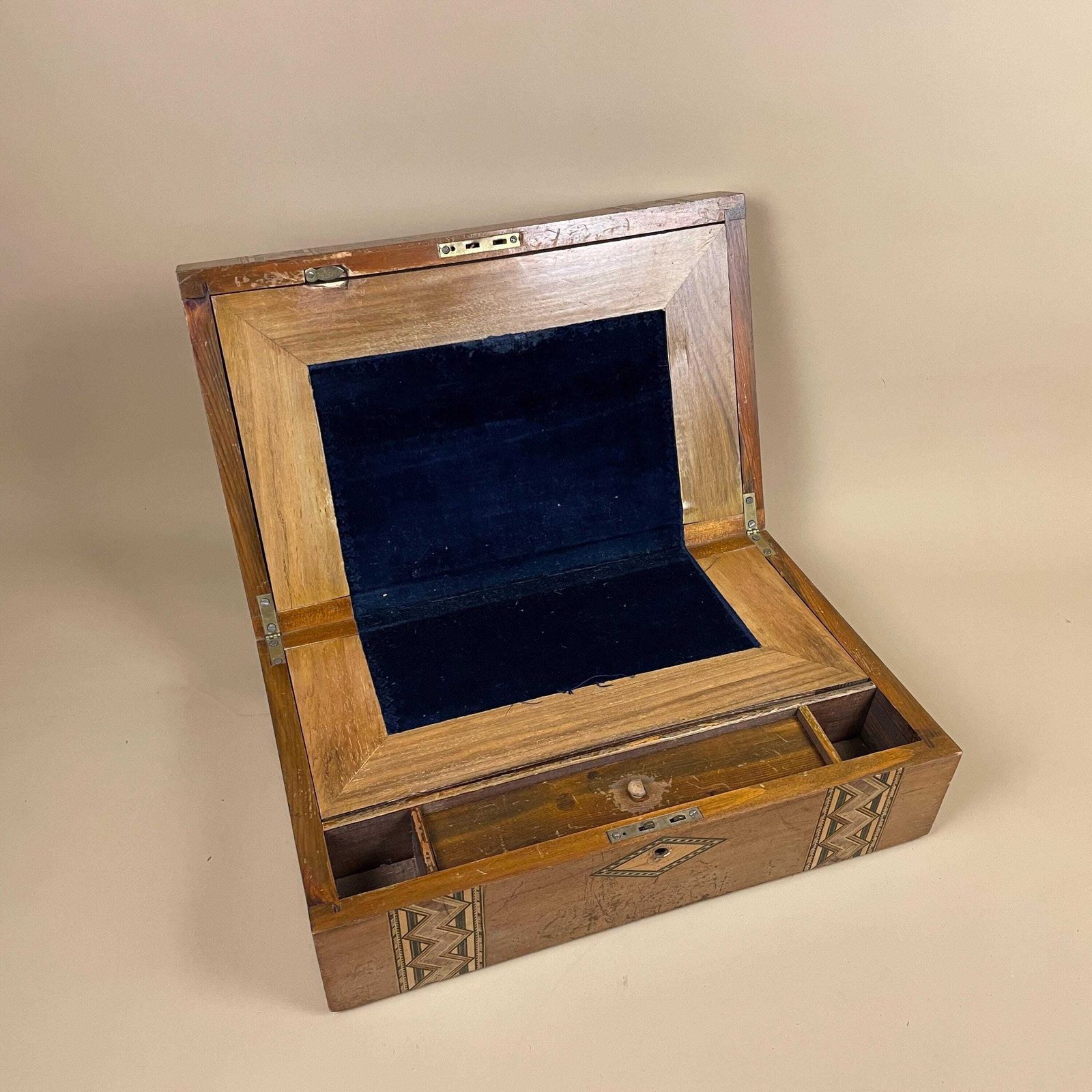 photo furniture Antique Inlaid Marquetry Box Wooden Writing Box Anglo Indian Desk Jewellery Trinket Storage Chest Handcrafted Intricate Blue Velvet Lining