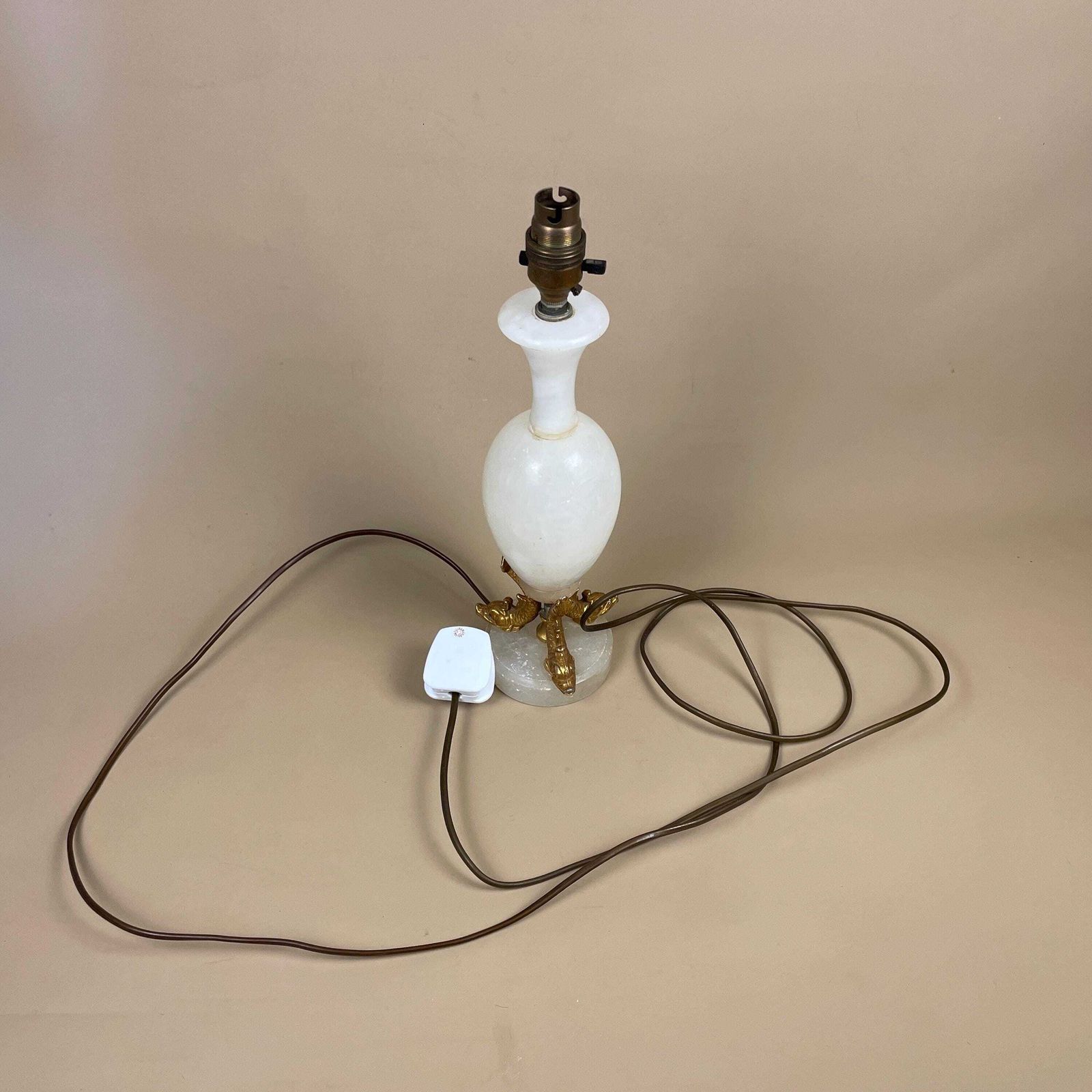 photo for sale Antique Onyx Marble Lamp Light Brass Metal Gold Fish Ornate Vintage Round Base Feet Marbled Off White Natural Classic Koi Carp Oriental