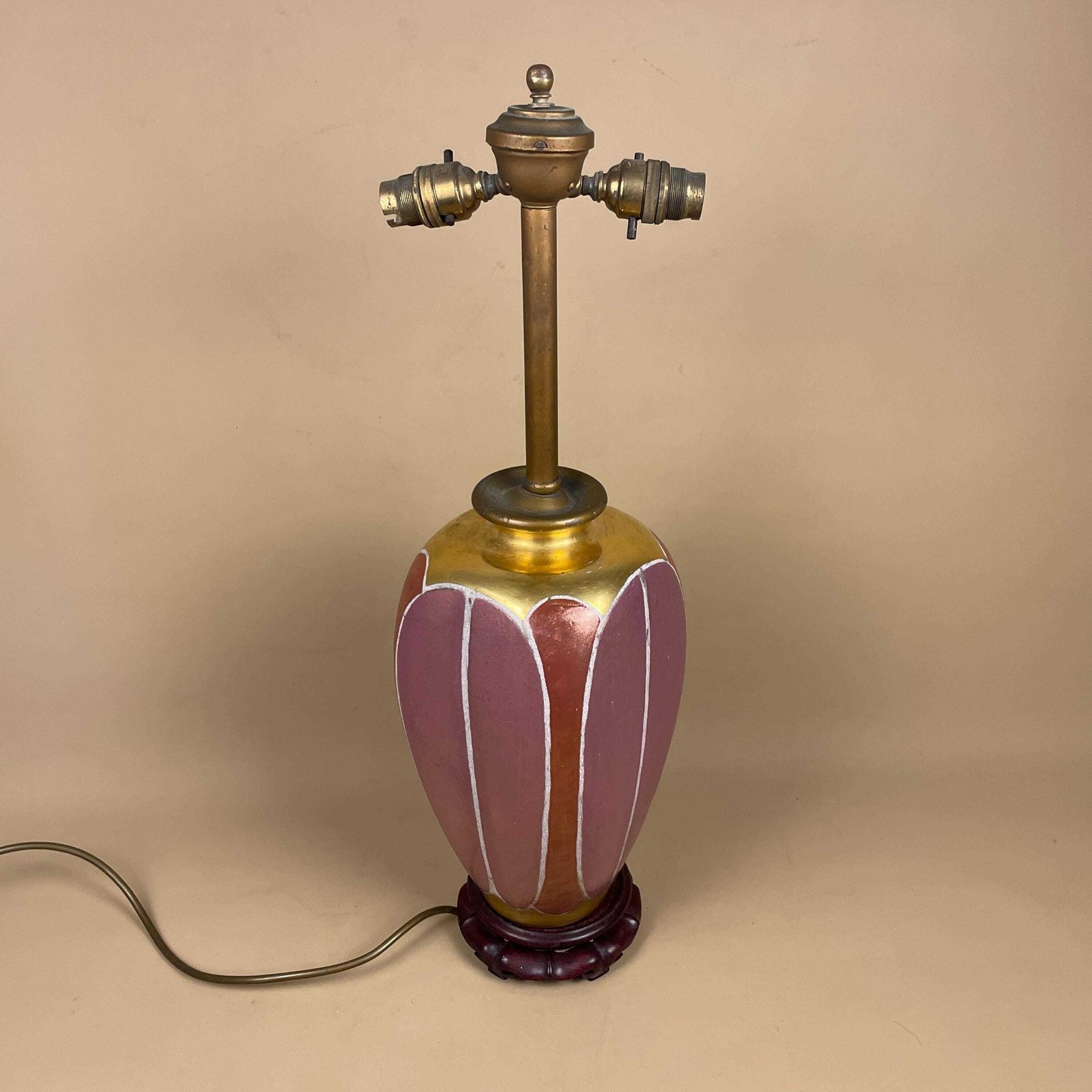 Vintage Ceramic Lamp Light Bedside Table Side Antique Vase Cottage Pattern Patterned Pink Gold Brass Metal Gold 2 Bulbs Wood Base Oriental