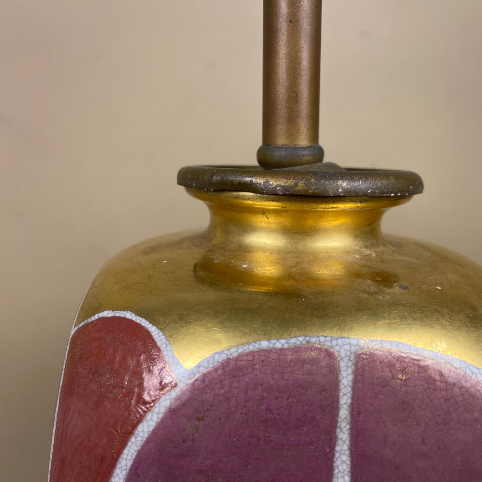 Vintage Ceramic Lamp Light Bedside Table Side Antique Vase Cottage Pattern Patterned Pink Gold Brass Metal Gold 2 Bulbs Wood Base Oriental photo vinterior