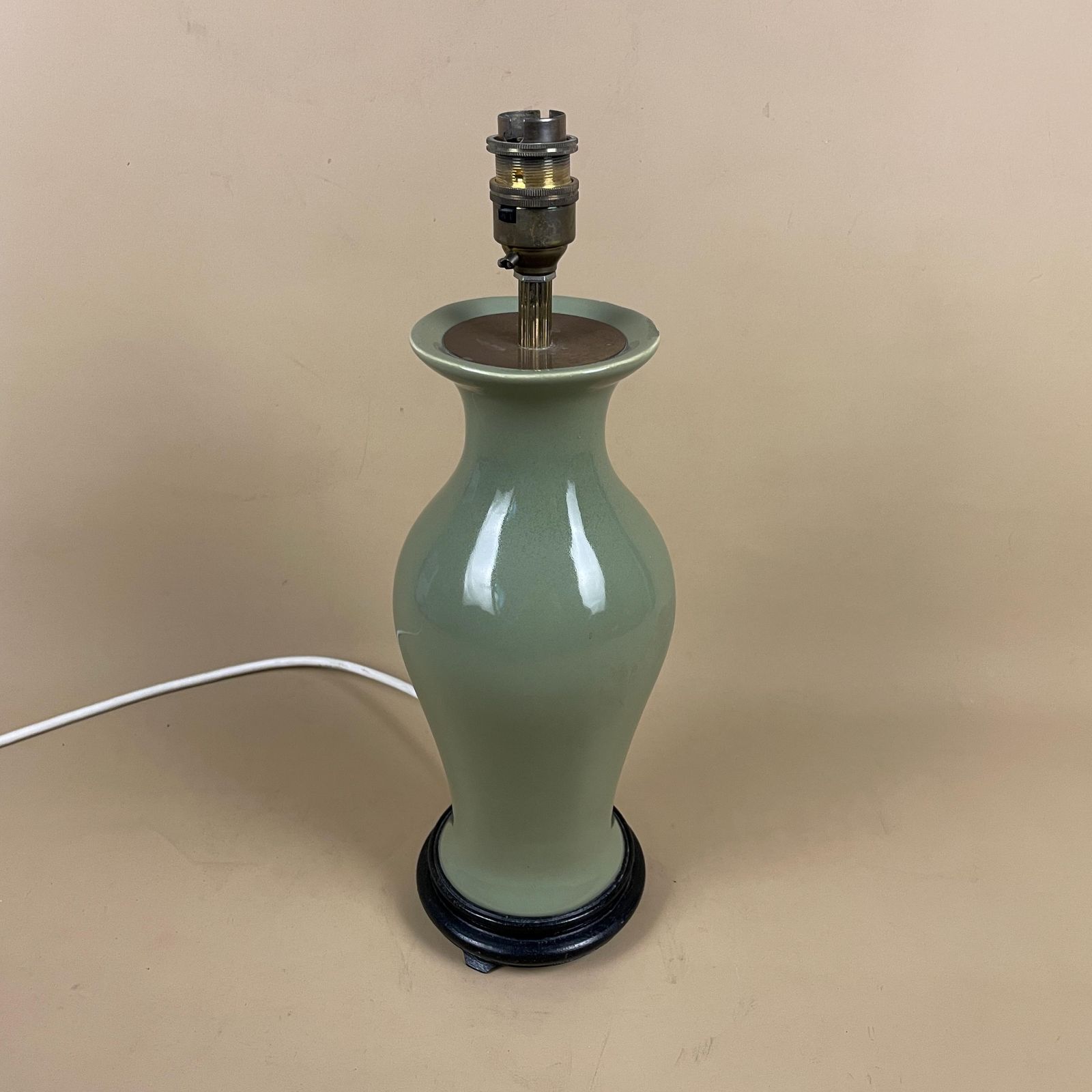 Vintage Ceramic Lamp Light Bedside Table Wood Base Oriental Vase Green Antique Brass Gold Metal Trims Classic Medium photo furniture