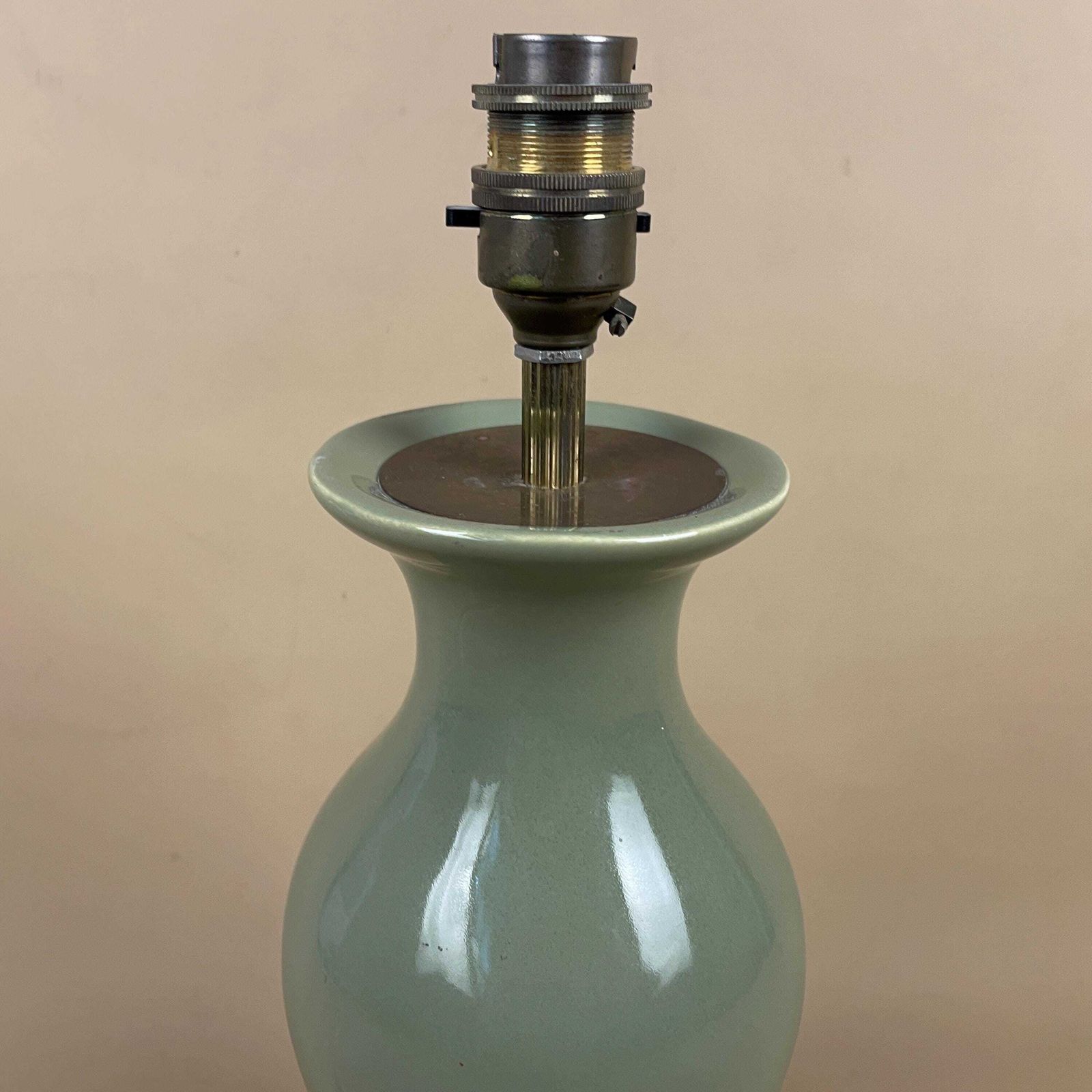 Vintage Ceramic Lamp Light Bedside Table Wood Base Oriental Vase Green Antique Brass Gold Metal Trims Classic Medium photo vinterior